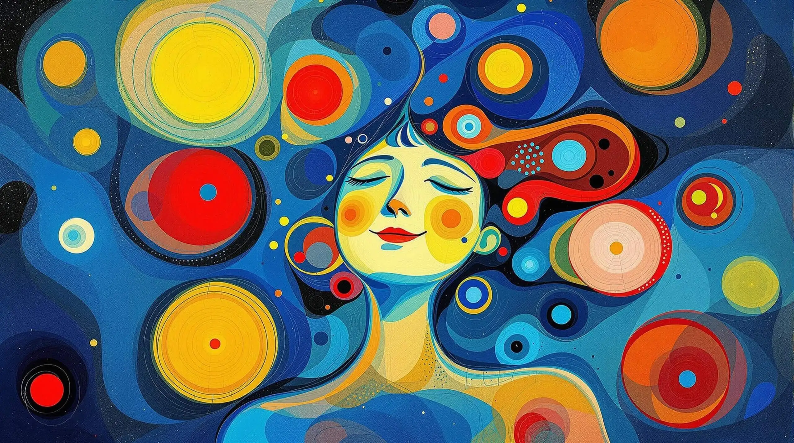 A person surrounded by vibrant, abstract shapes symbolizing flow and energy