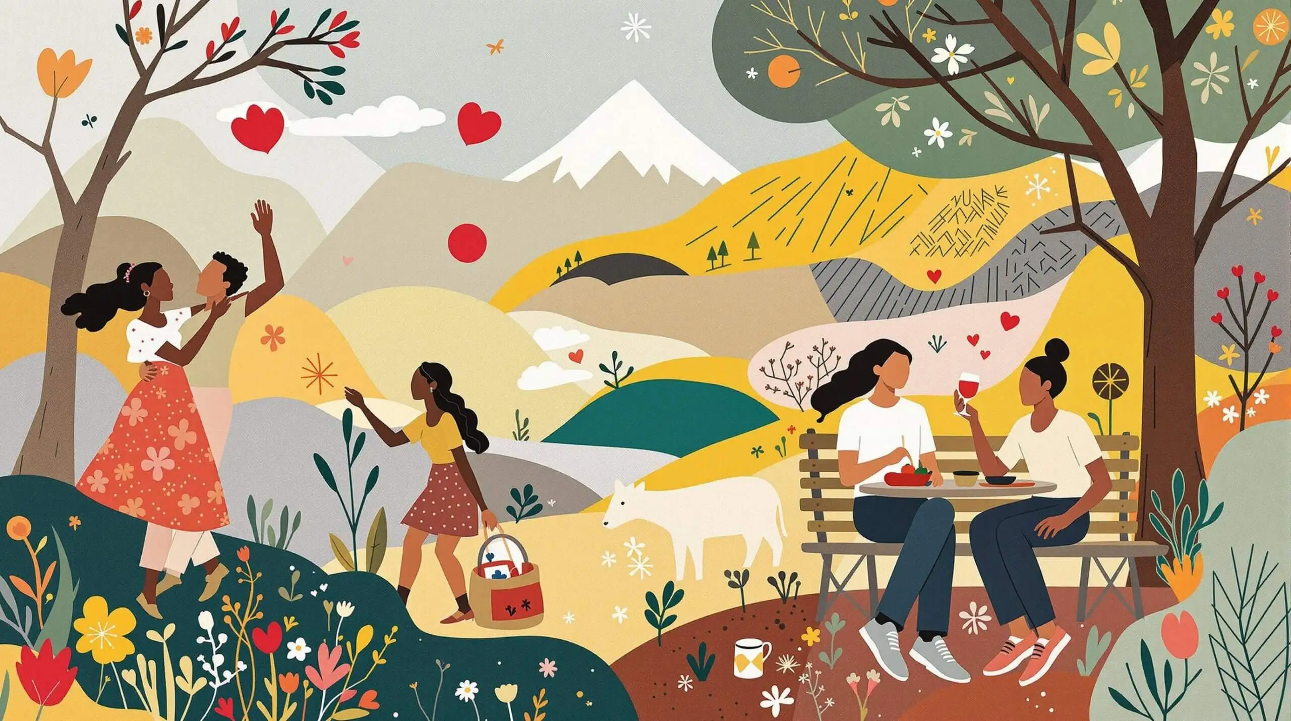 Couples engaged in joyful activities surrounded by abstract patterns