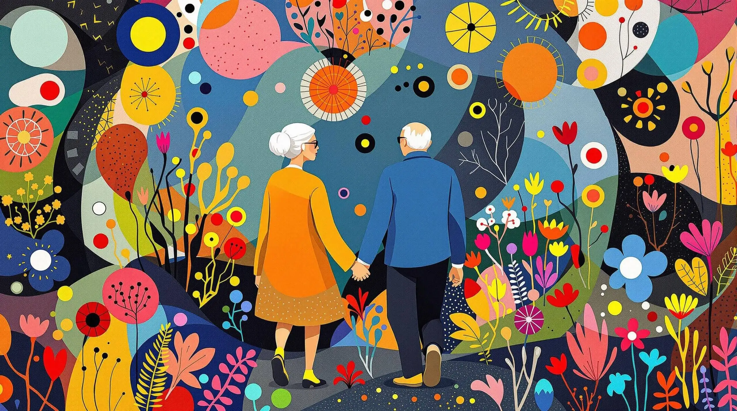 An elderly couple walking hand in hand through an abstract garden, symbolizing the longevity of love