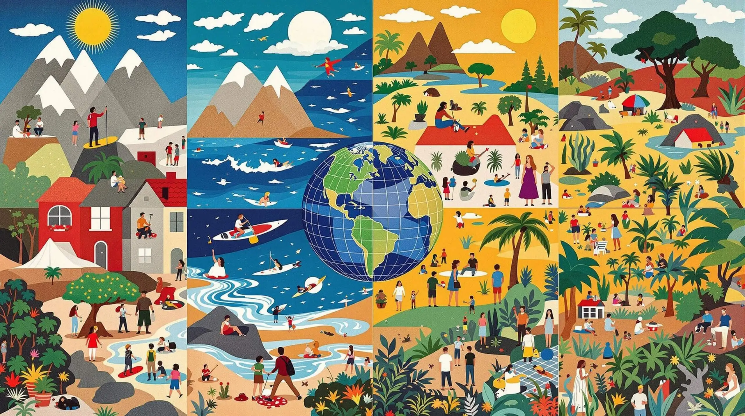 A collage of different global environments and activities linked to geography.