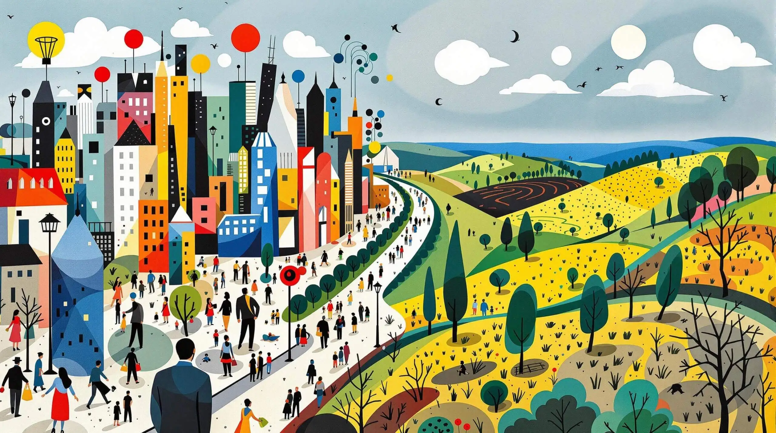 An abstract urban and rural landscape illustrating the impact of geography on lifespan.