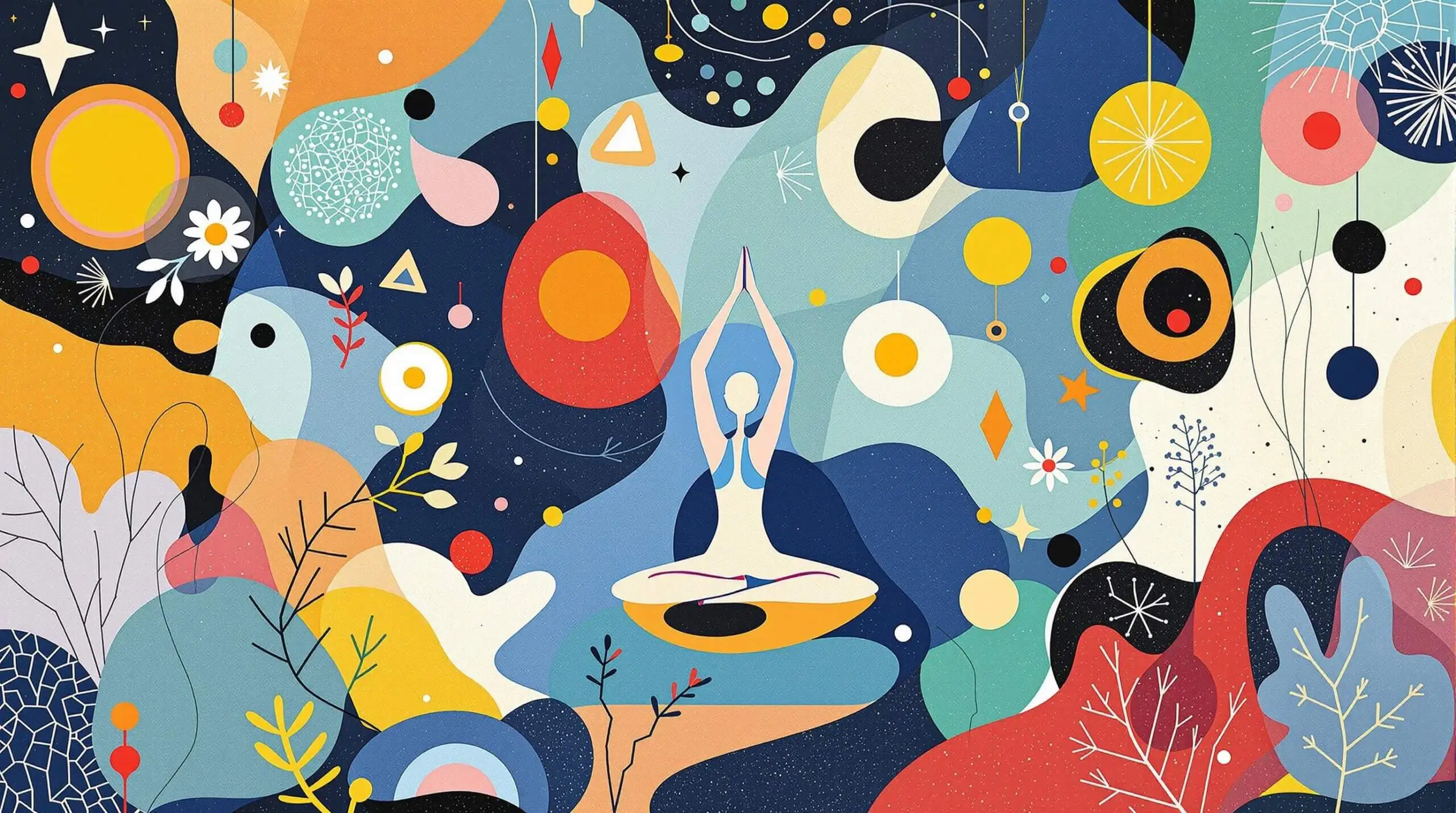 A vibrant and abstract illustration of a person doing yoga, with geometric and organic shapes