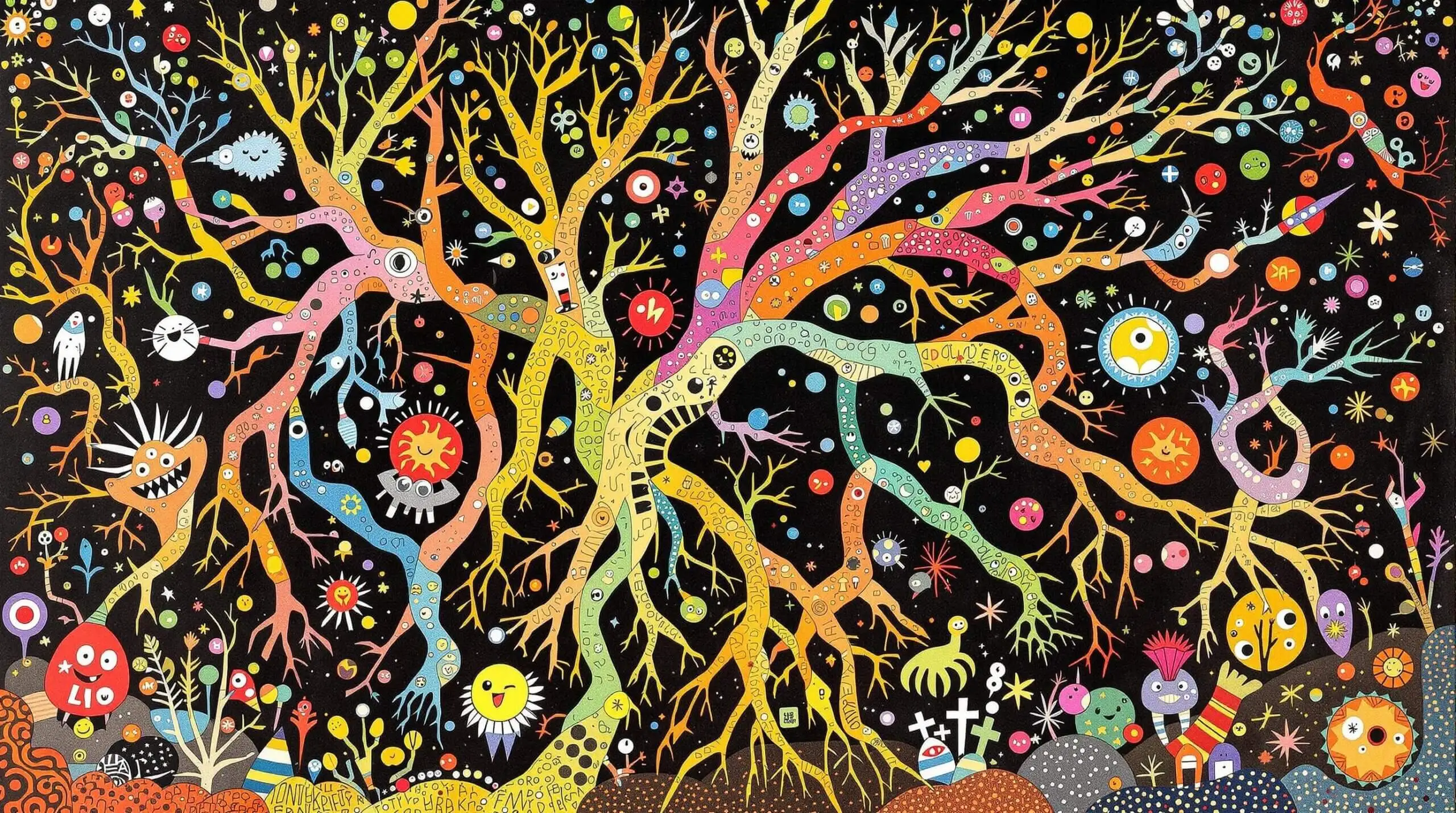 An abstract collage of a vibrant underground world with root systems and swirling nutrients.