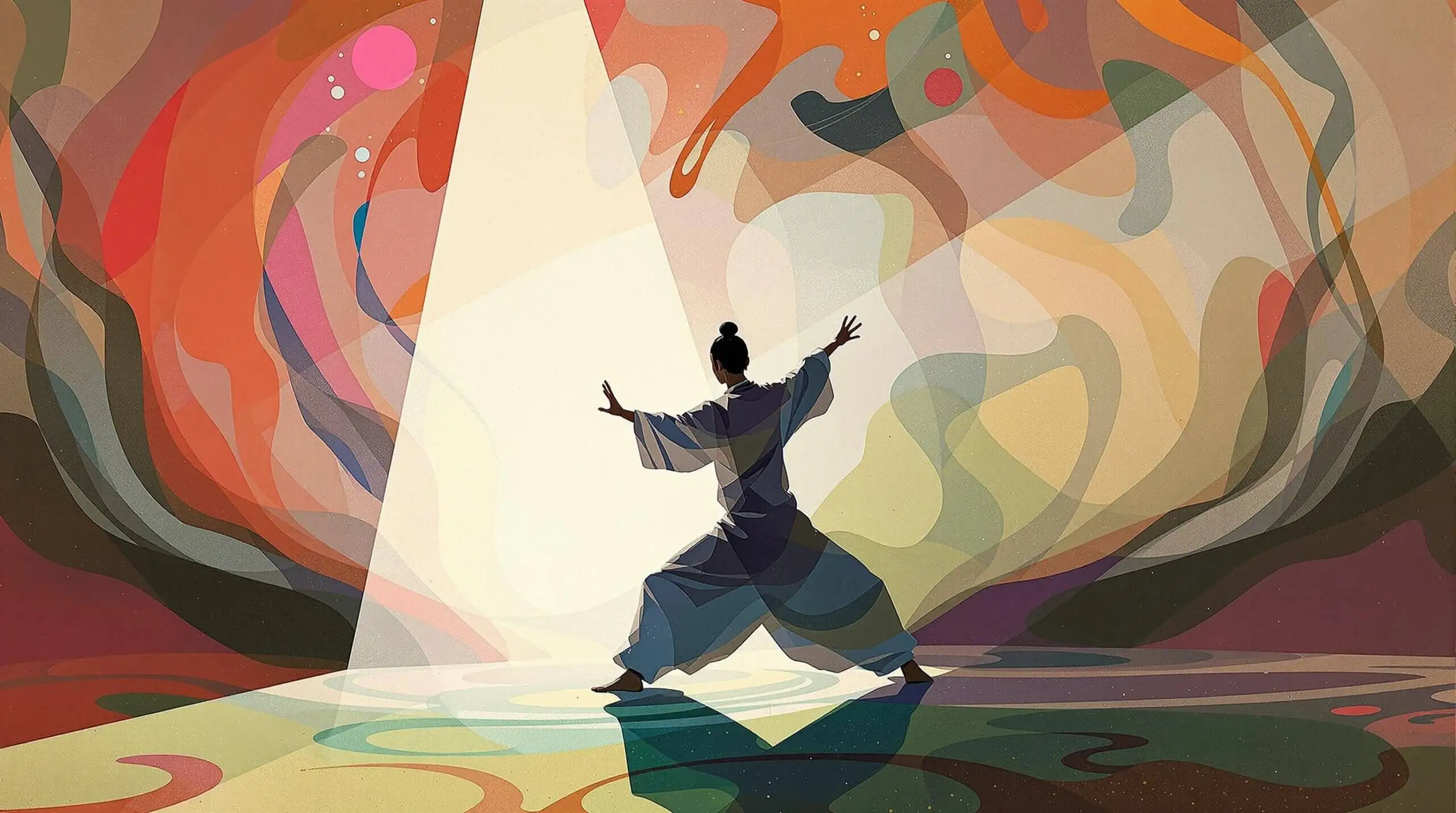 A Kandinsky-style illustration of a person doing tai chi with colorful shadows and light bursts.