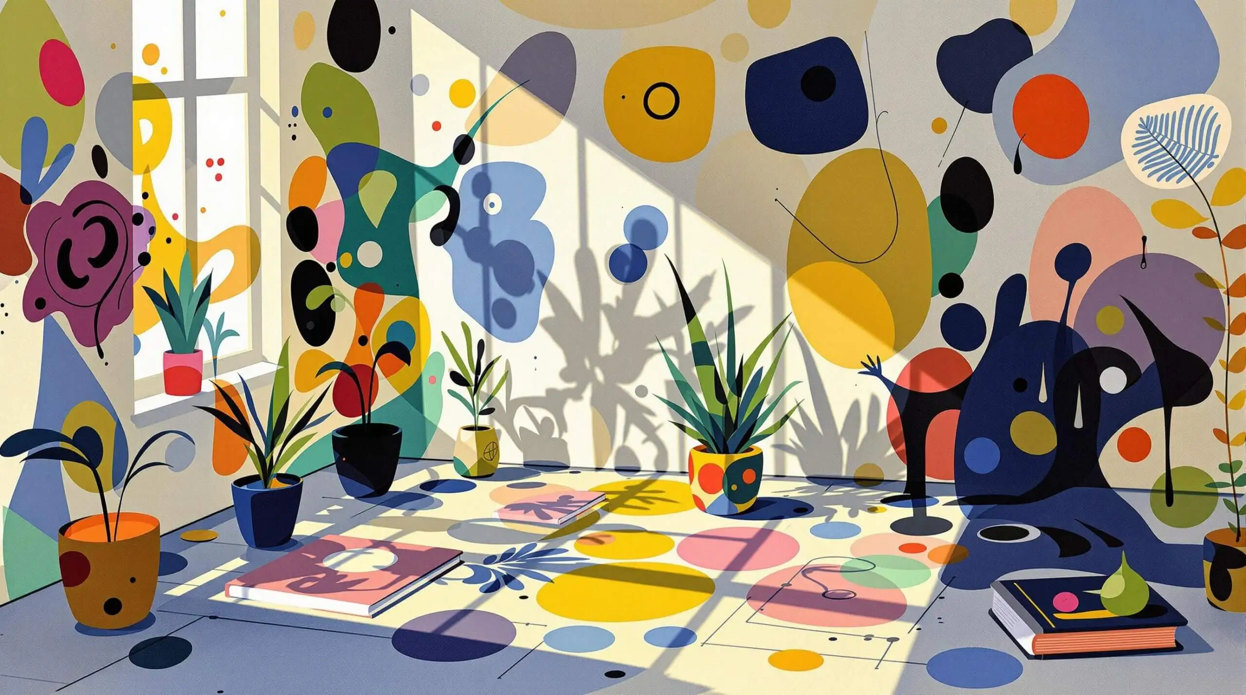 A colorful abstract illustration by Joan Miró shows vibrant shadows and sunlit objects in a room.