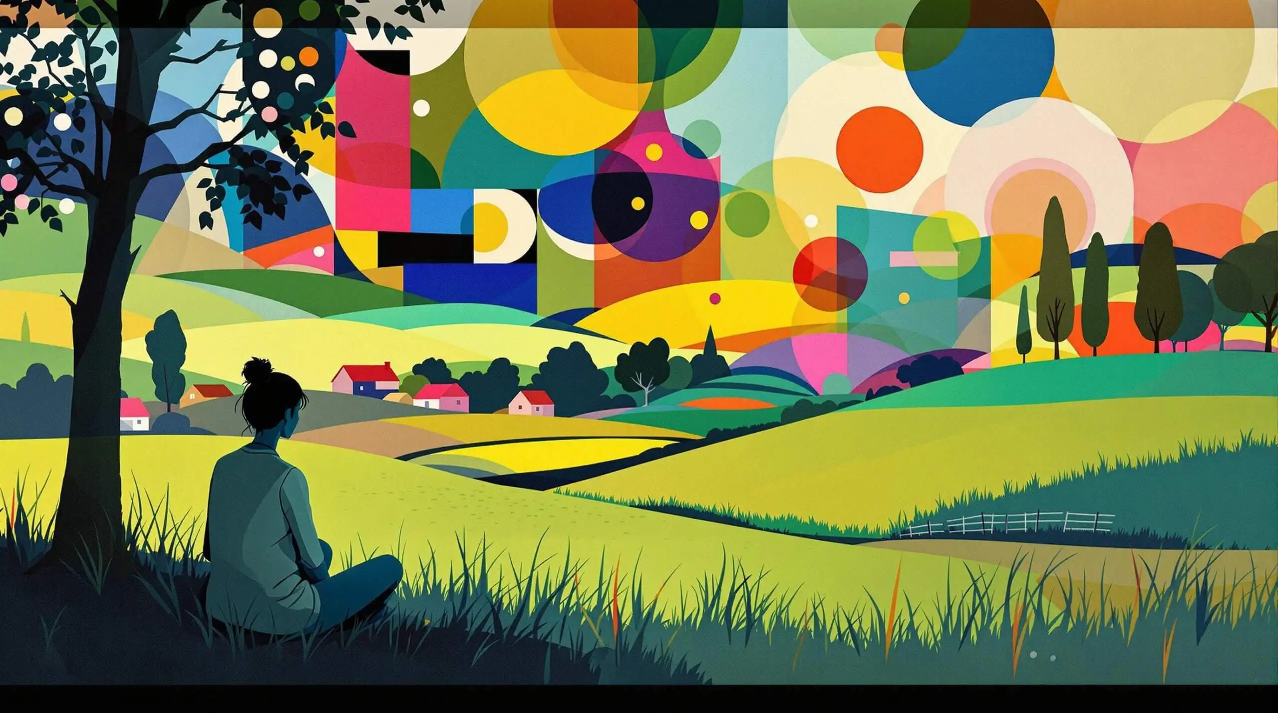 Illustration in Wassily Kandinsky style showing a serene rural scene with colorful sound waves and a meditative figure.