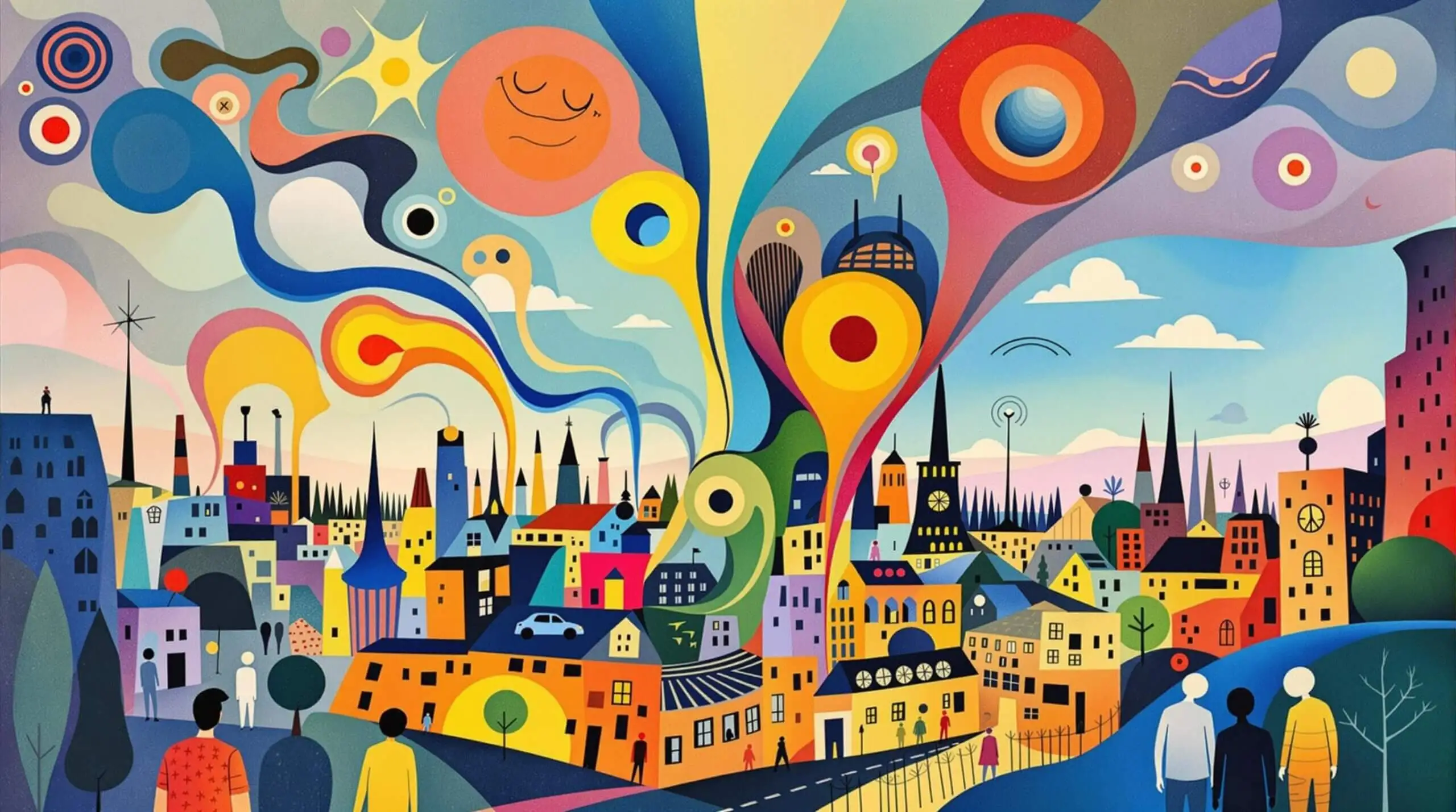 A surreal illustration depicting a colorful cityscape with exaggerated sound waves representing noise pollution and anthropomorphic figures reacting to it.