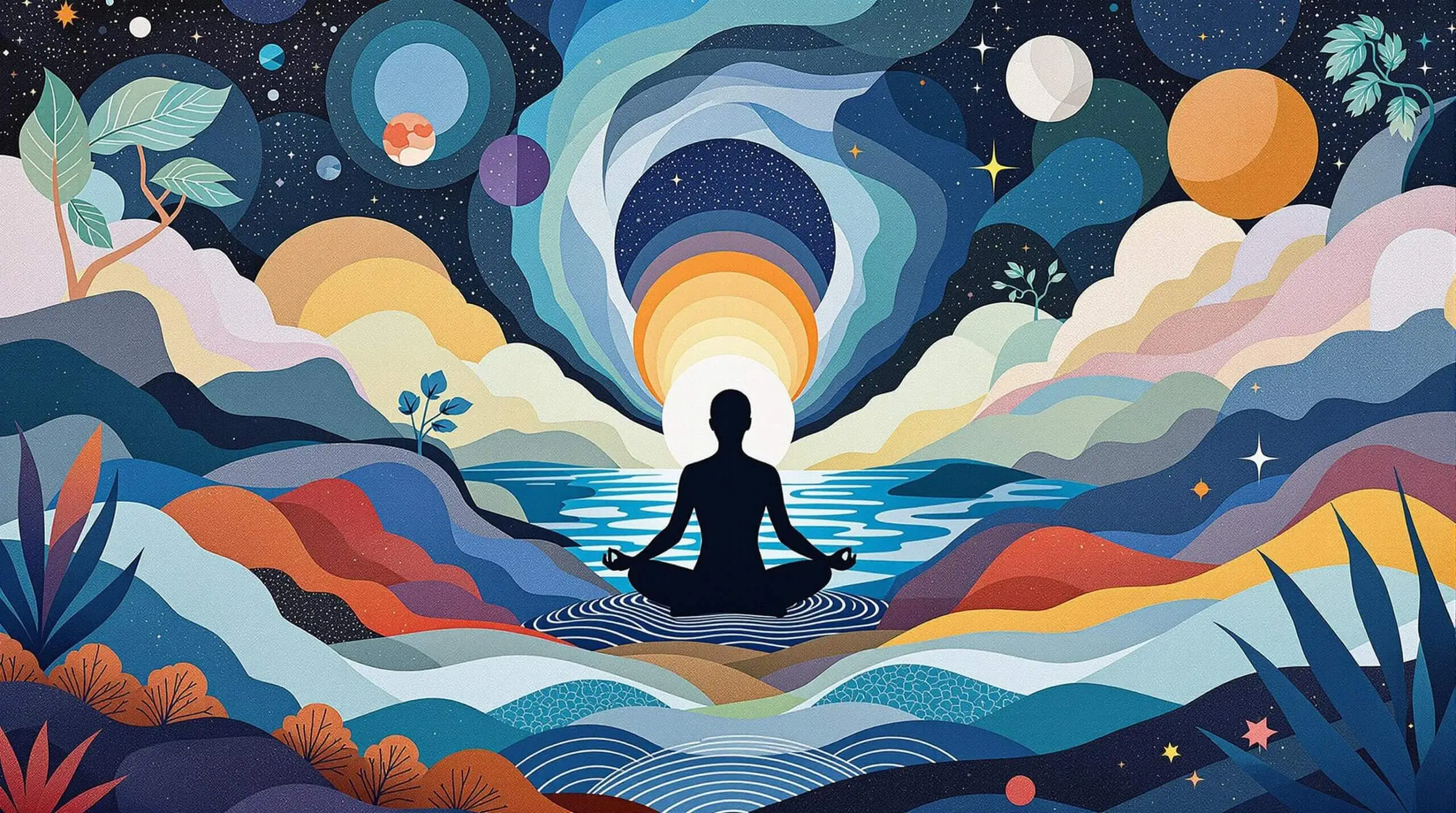 A collage with a meditator surrounded by layered textures and cosmic motifs