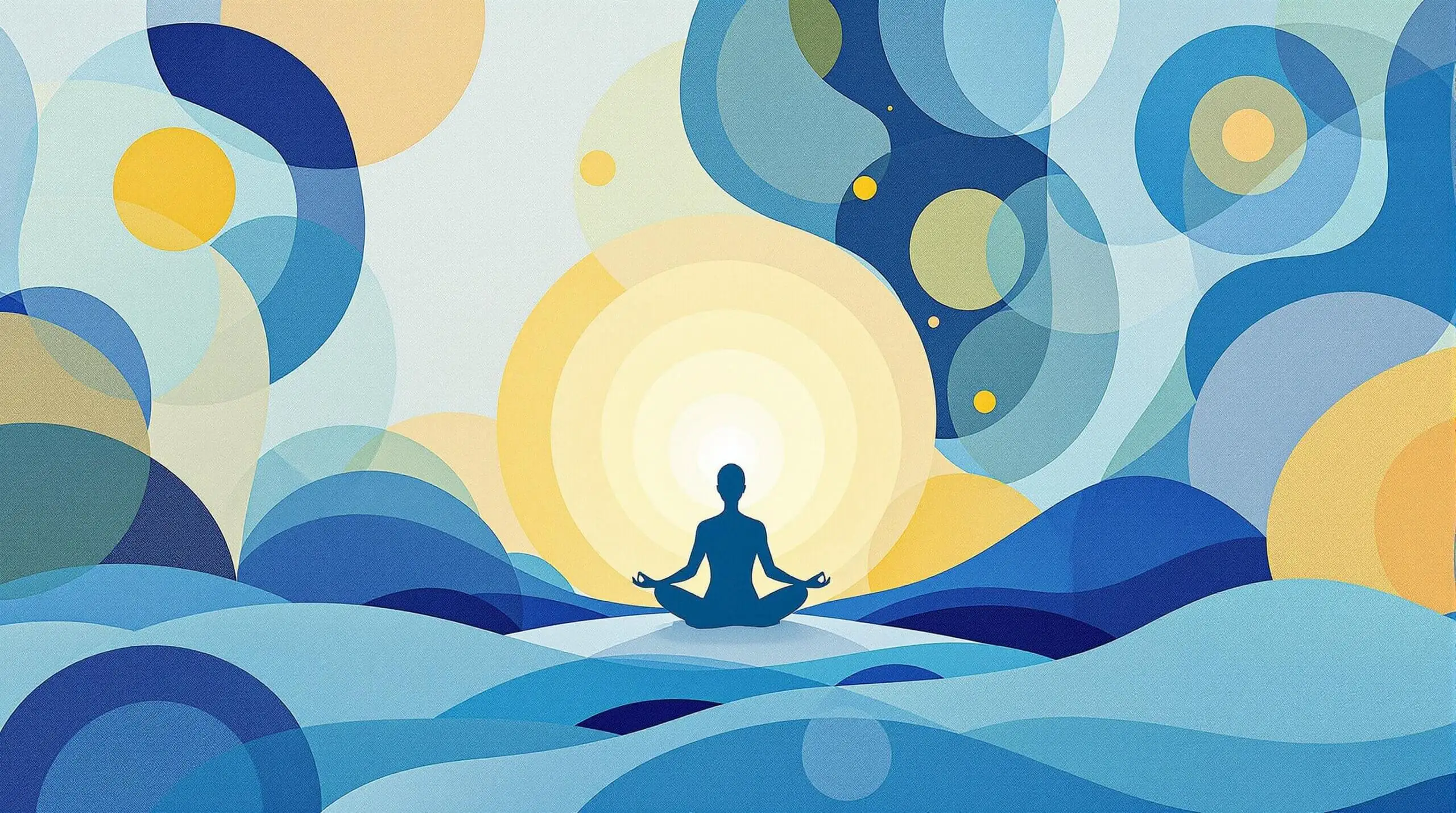 An abstract illustration of a meditative figure with swirling patterns and geometric shapes