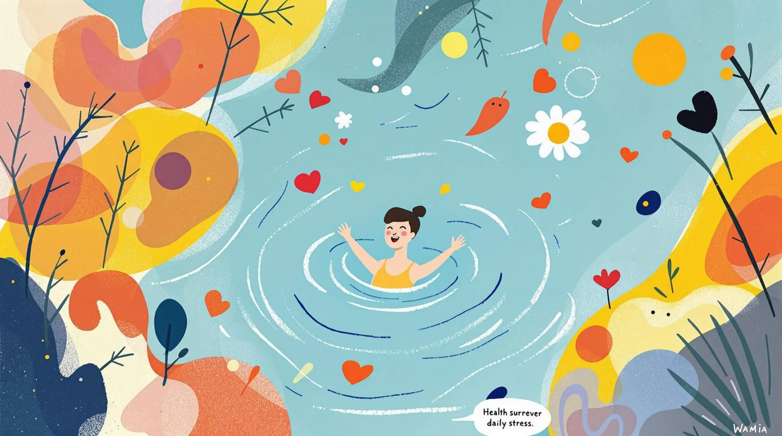 Abstract illustration of a person floating on a river in a vibrant setting.