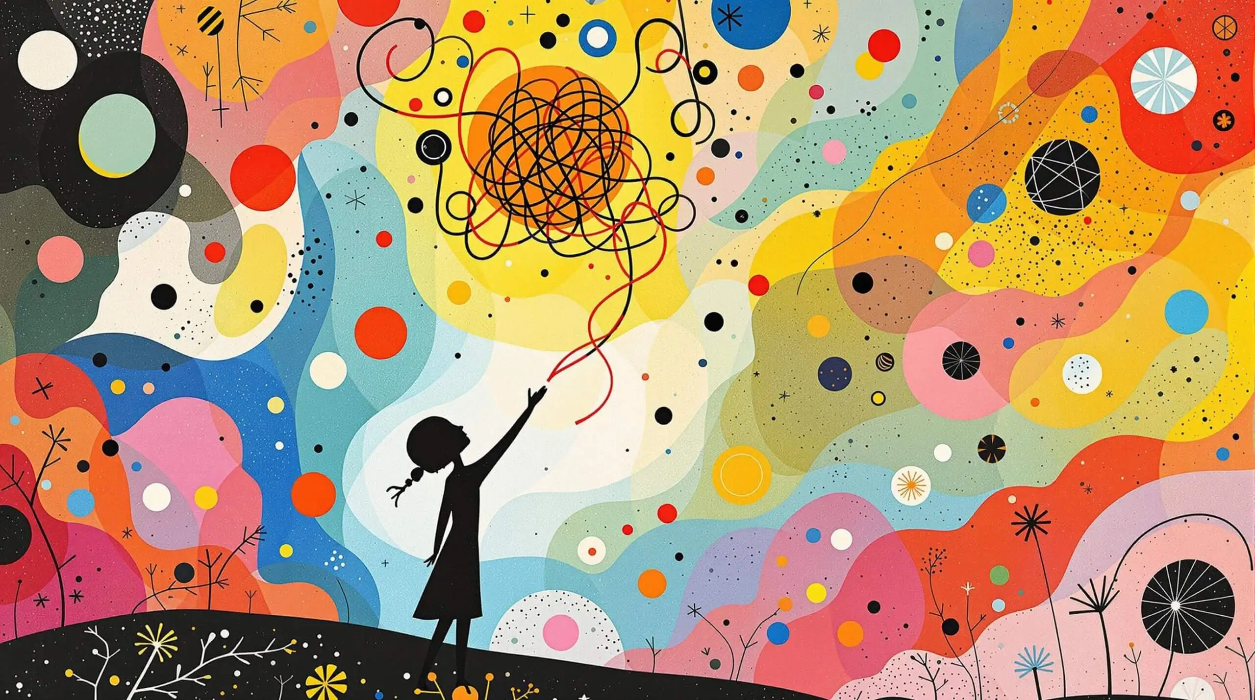 Abstract illustration of a figure releasing yarn into the sky.