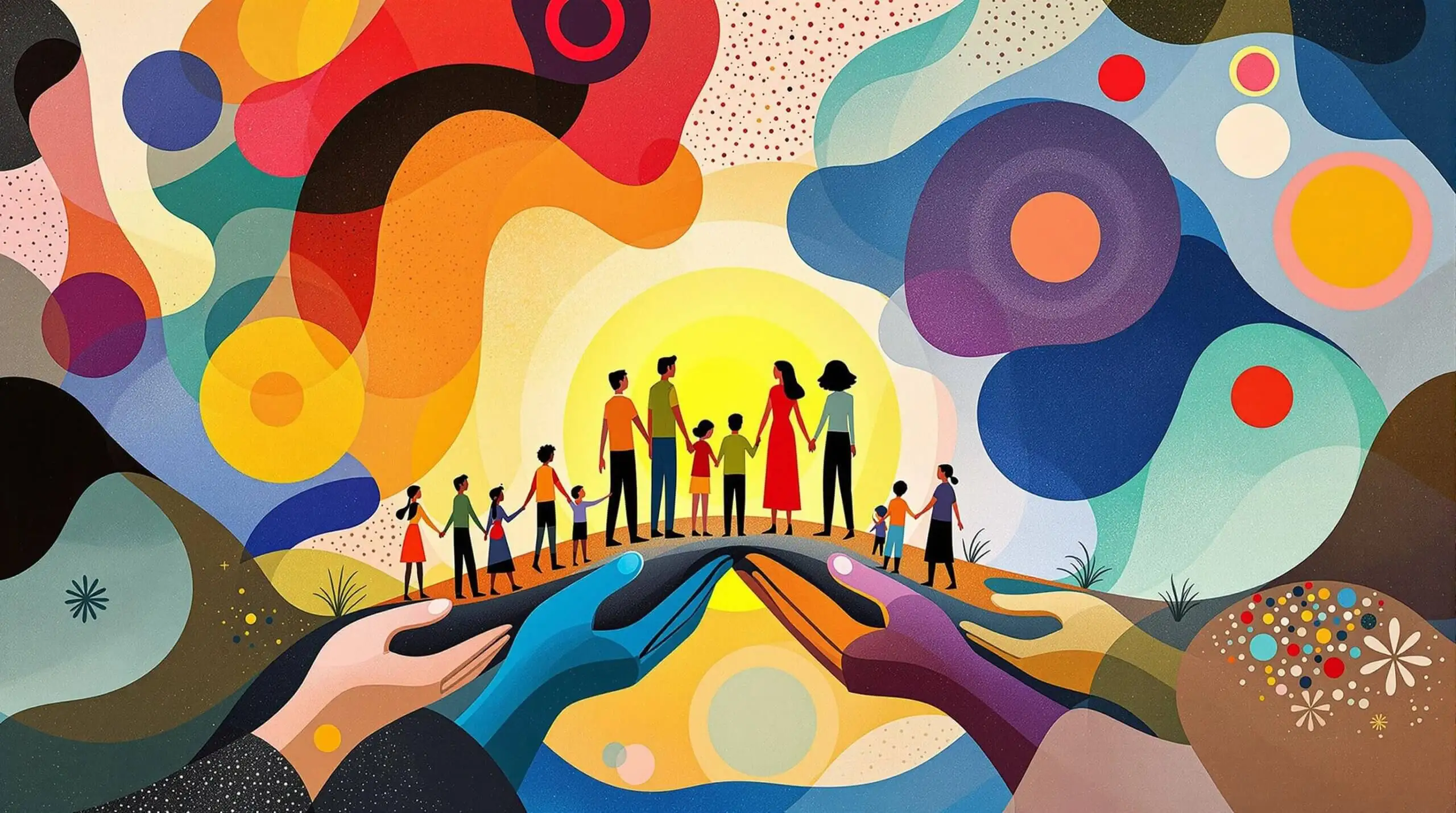 An artistic depiction of people on a bridge of hands illustrating trust.