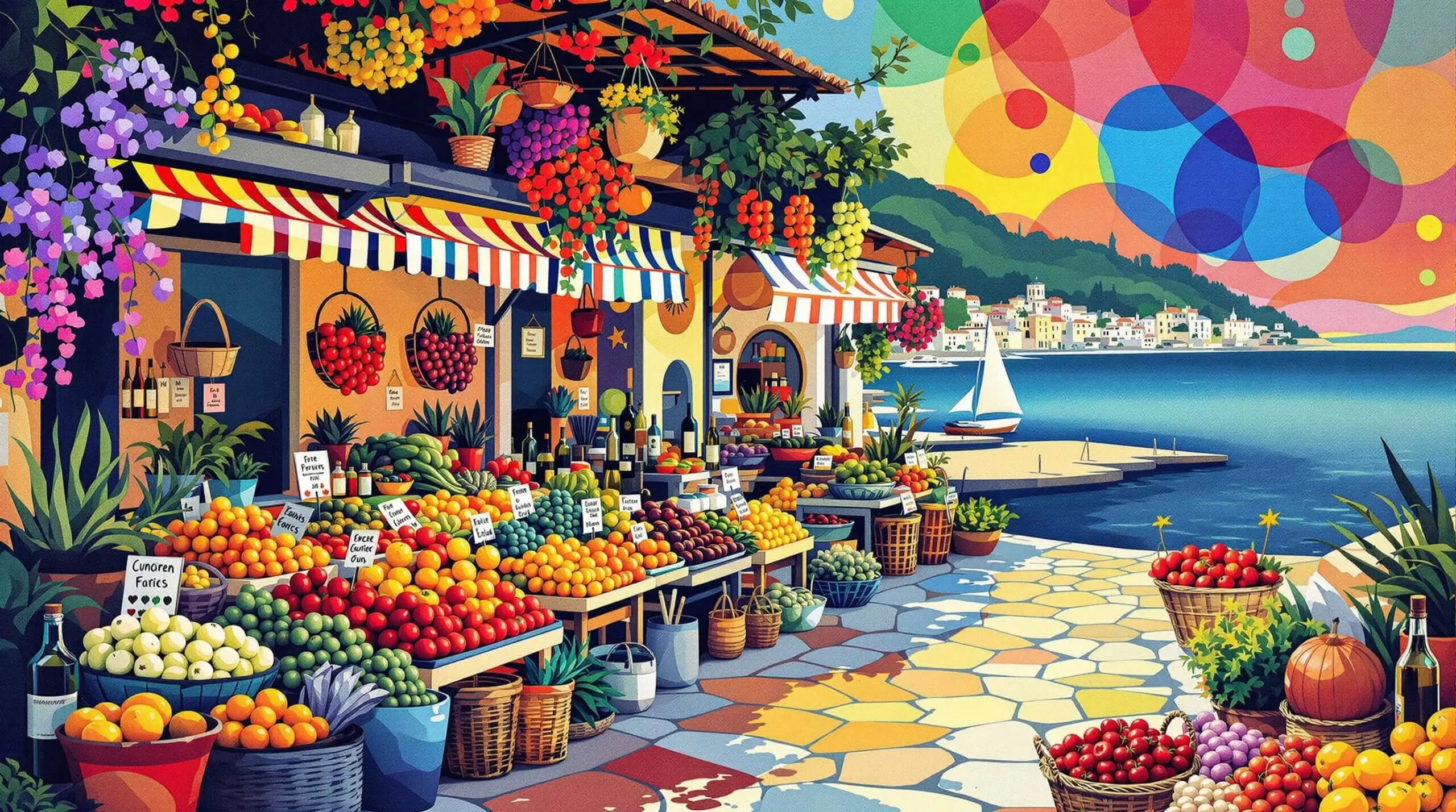 An illustration of a Mediterranean seaside market with stalls filled with fresh produce, in the style of Wassily Kandinsky.