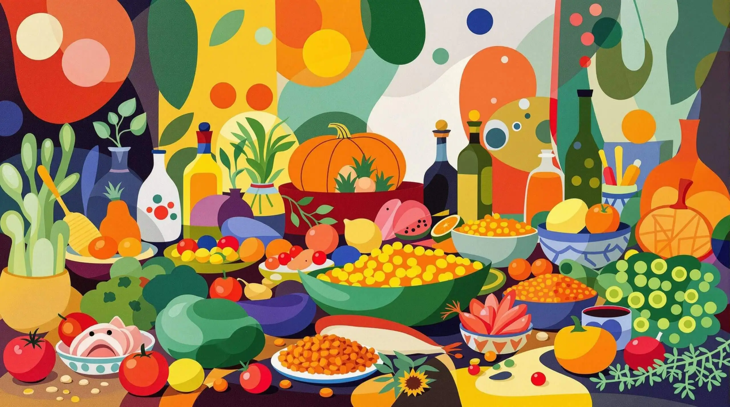 An artistic illustration of a Mediterranean feast with colorful vegetables, fruits, grains, seafood, and olive oil.