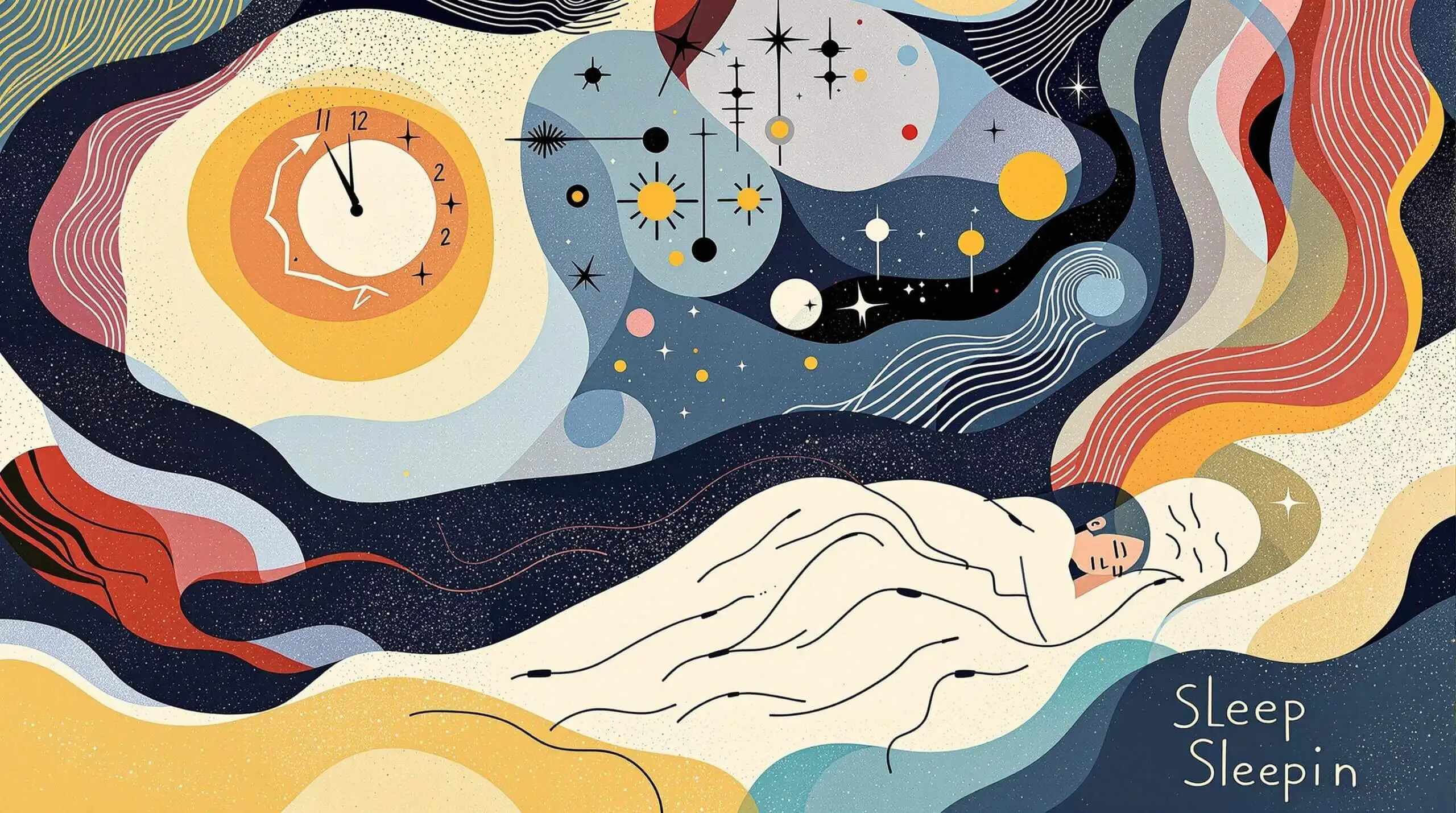 An artistic depiction of a sleeping person surrounded by abstract symbols and patterns, illustrating the science of sleep.