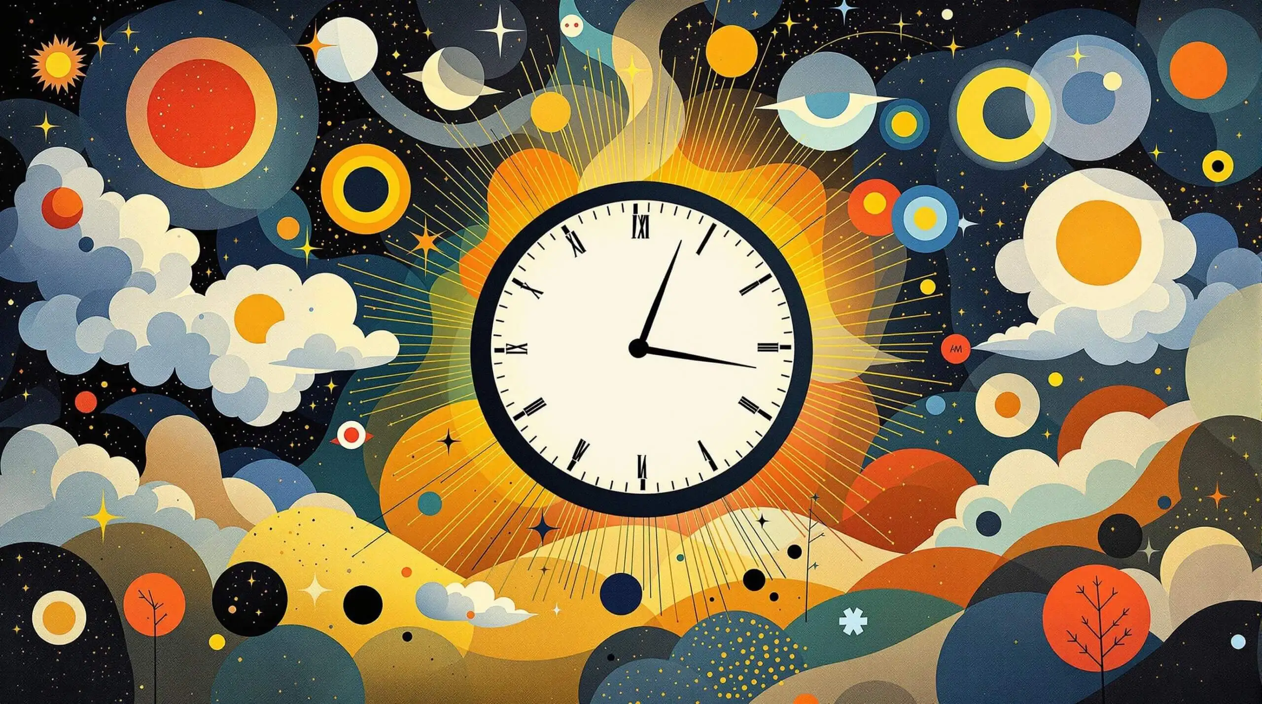 An artistic illustration showcasing a large clock surrounded by symbols of sleep and longevity, reflecting on melatonin's effects.