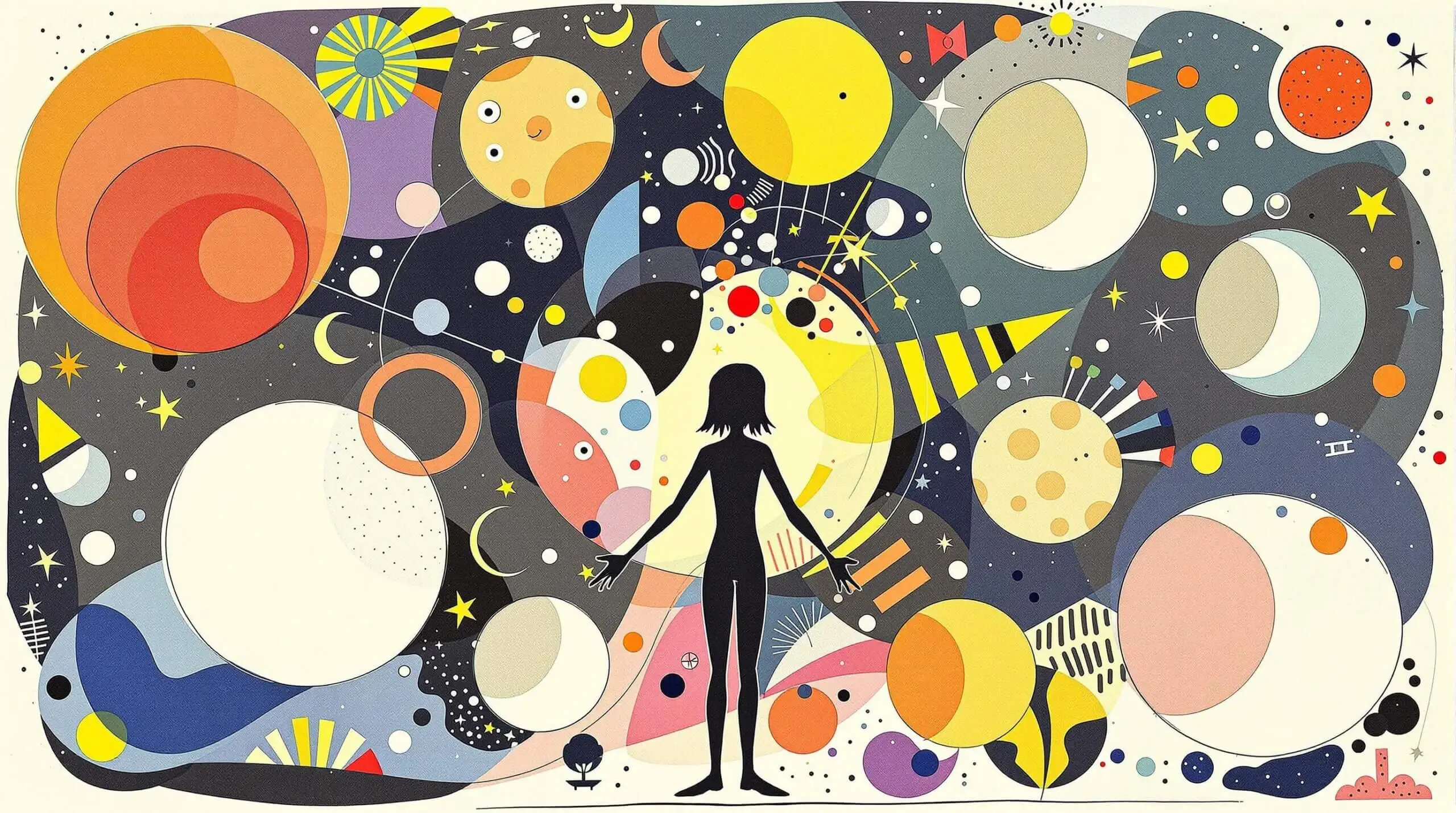 An abstract illustration of a human silhouette surrounded by lunar cycle patterns, representing biology