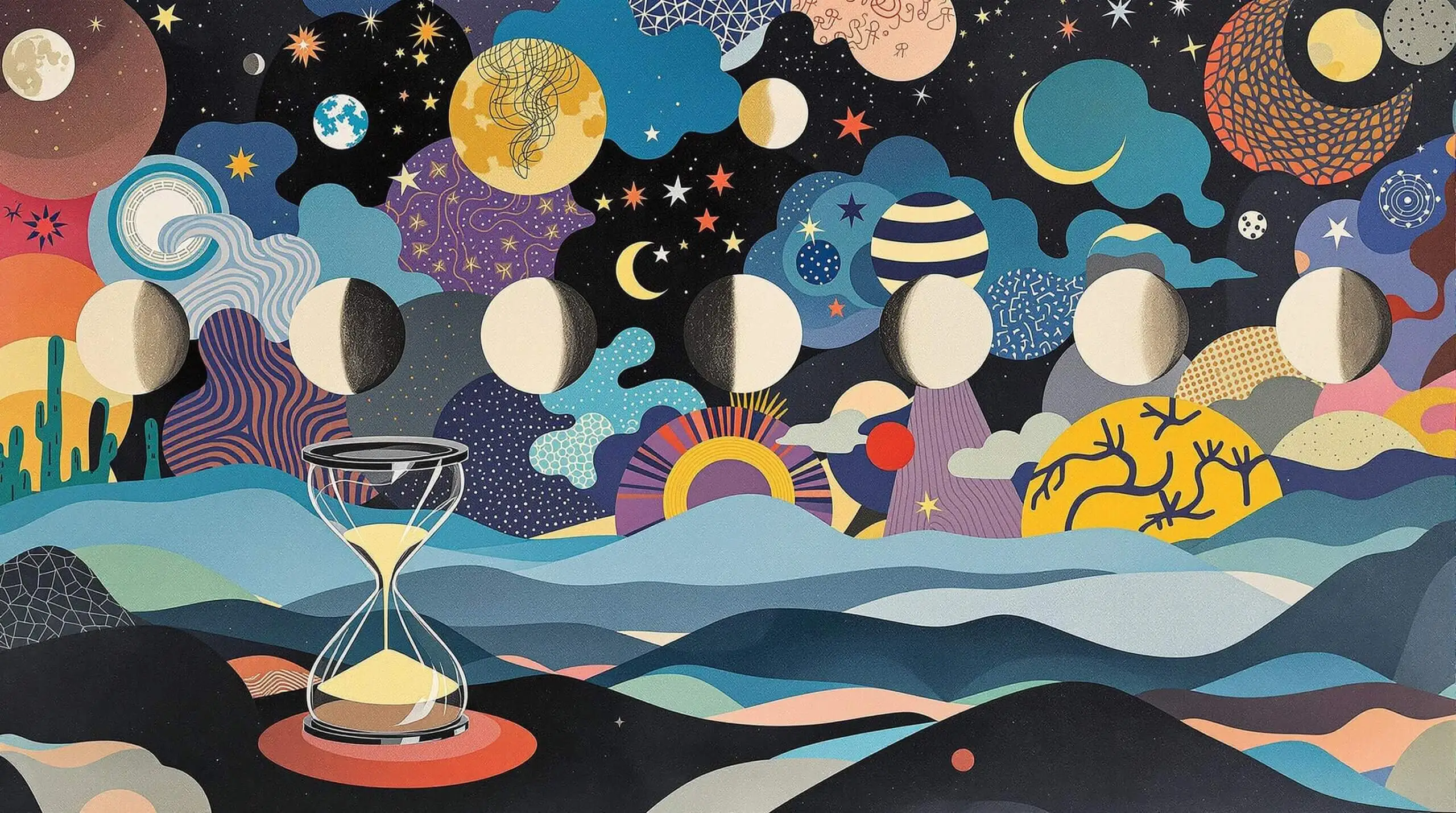 A collage of moon phases transitioning with an hourglass in front, representing lunar cycles and time