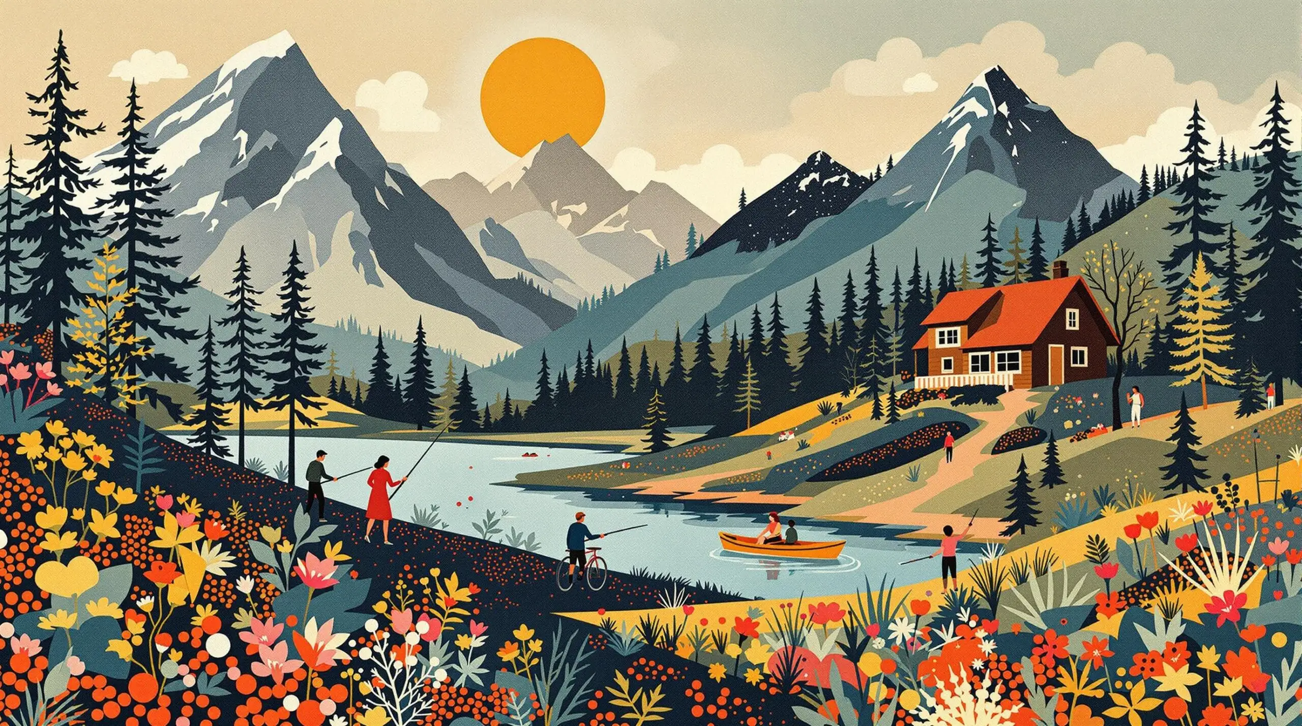 Collage illustration of traditional Nordic activities in a vibrant, abstract nature setting.