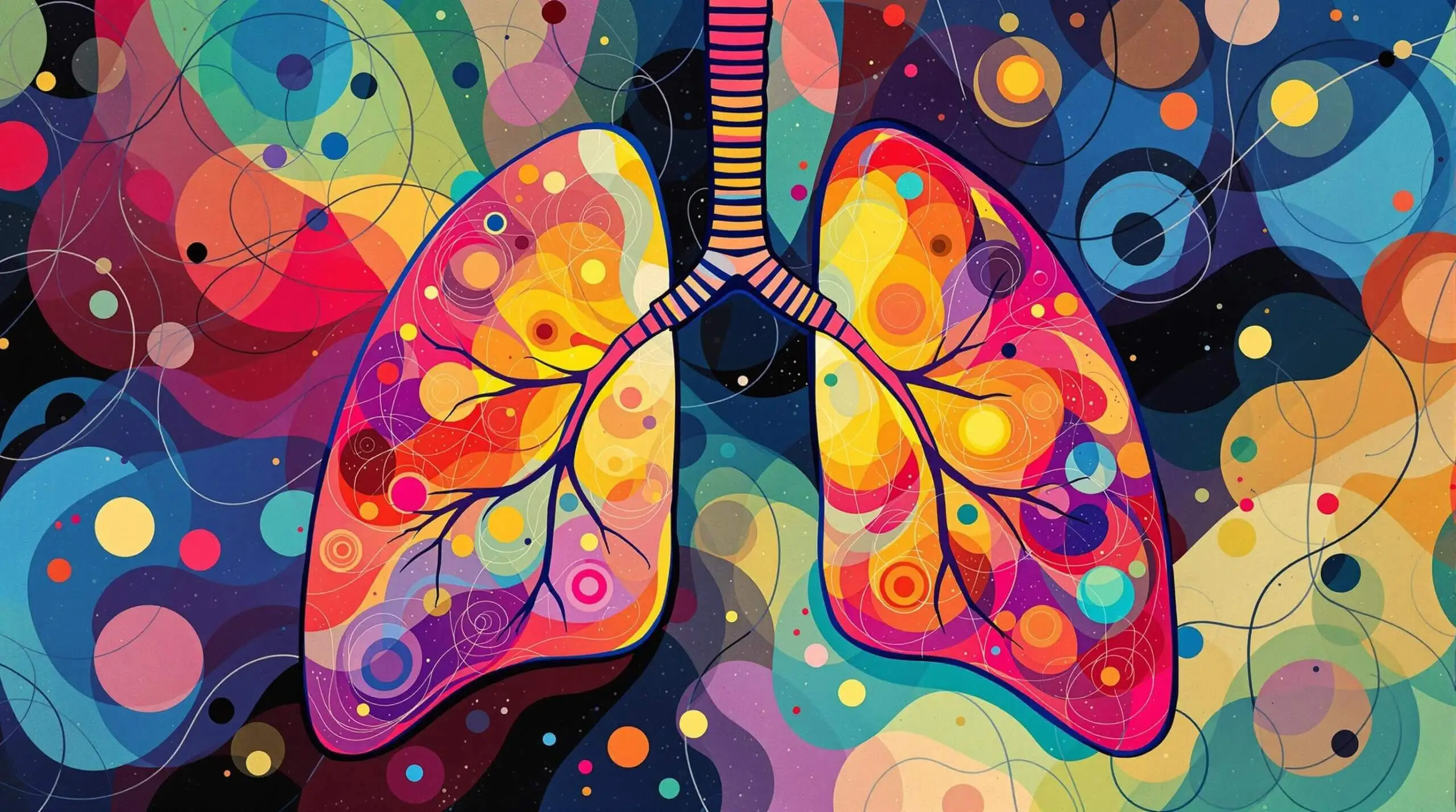 Abstract lungs filled with vibrant colors symbolizing enhanced oxygen flow, set against a background of interconnected shapes.