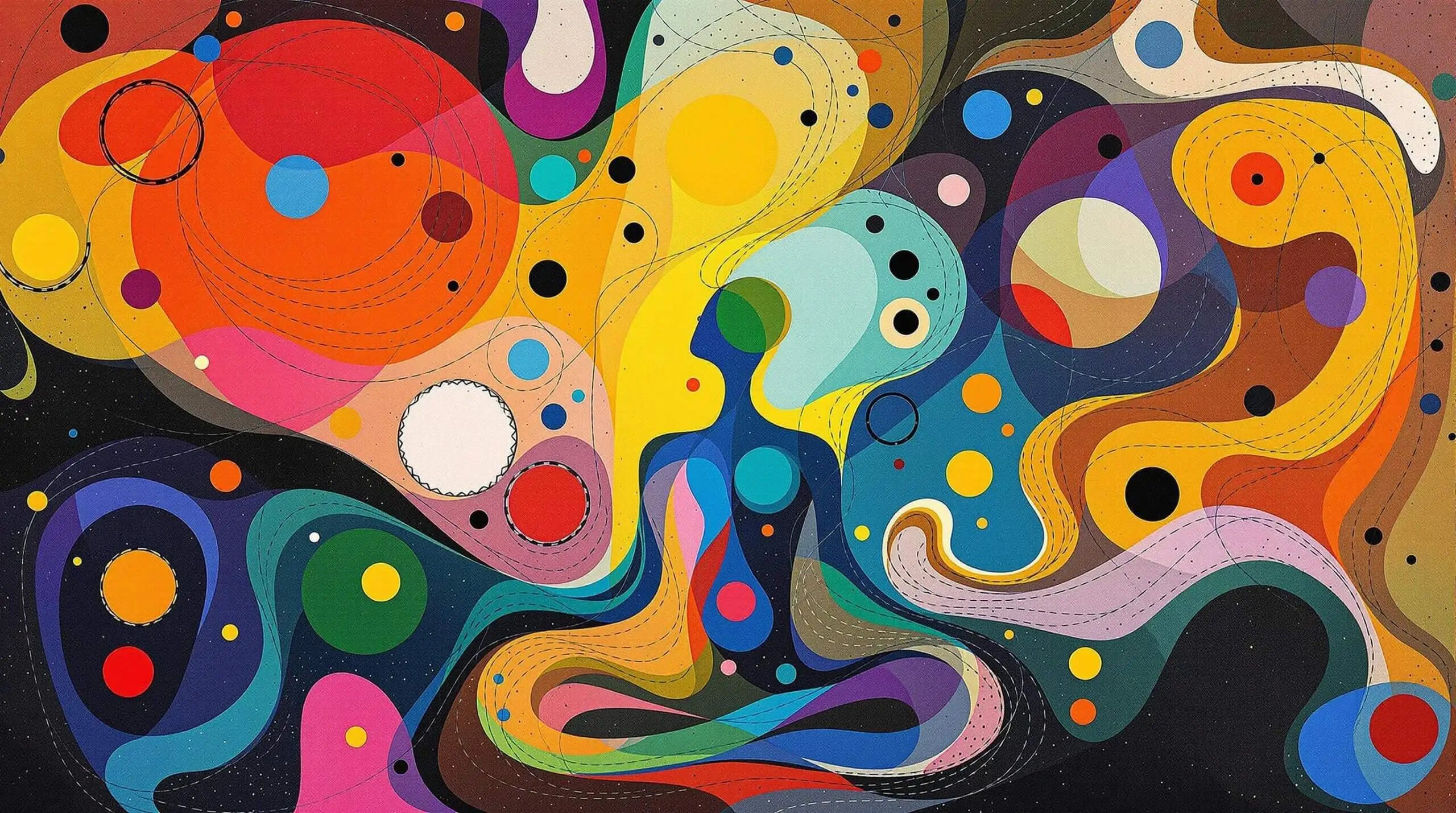 A person immersed in deep breathing exercises surrounded by a vivid, abstract background of energetic shapes.