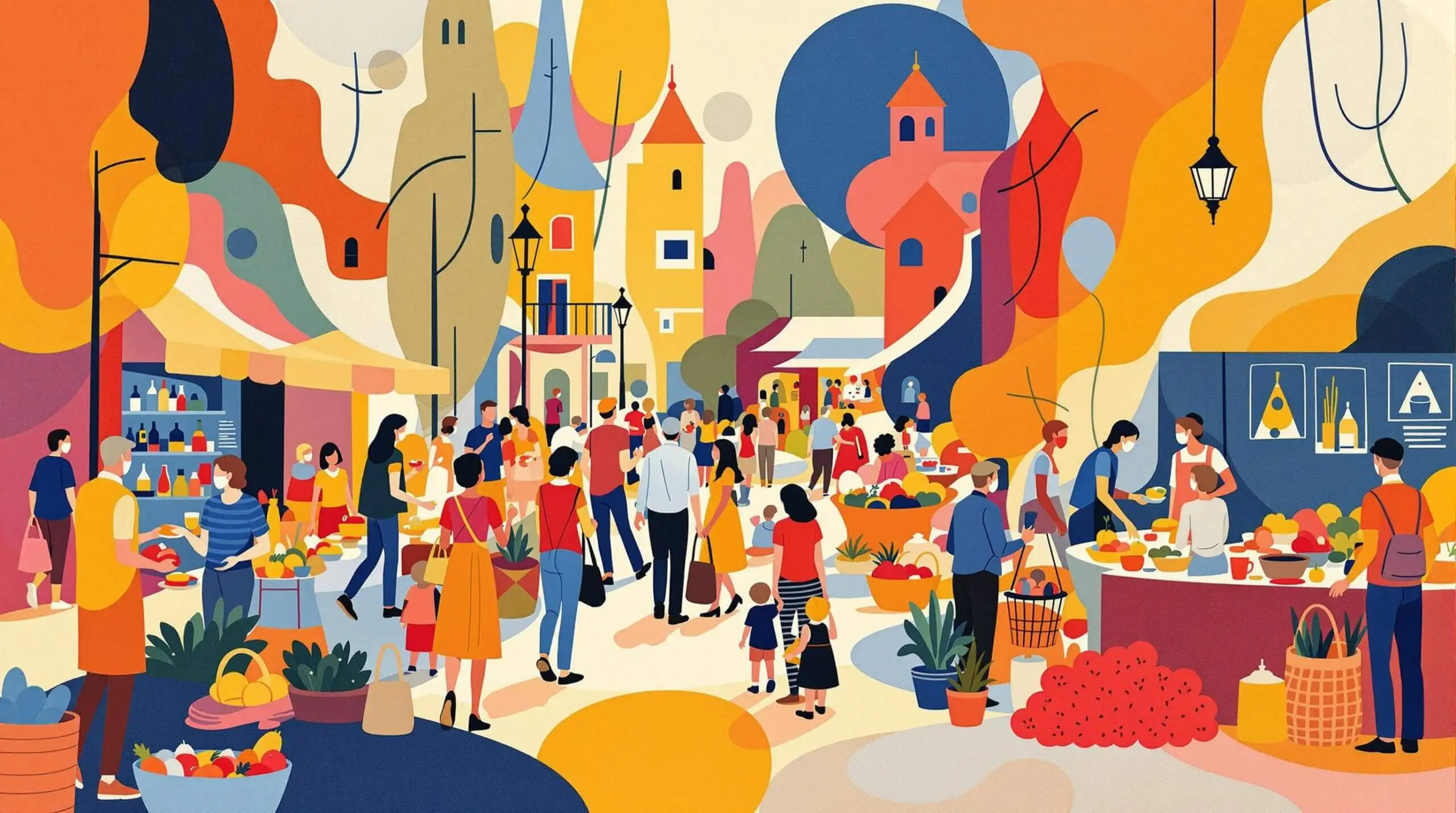 People interact at a vibrant village market in a Blue Zone