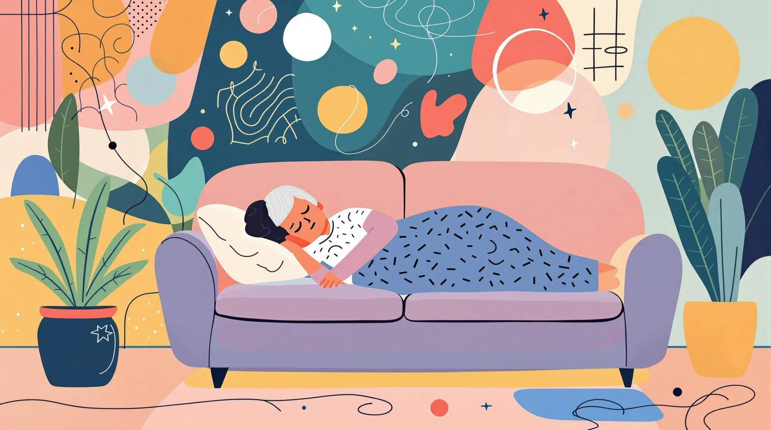 A person napping on a couch with abstract colorful shapes around them.