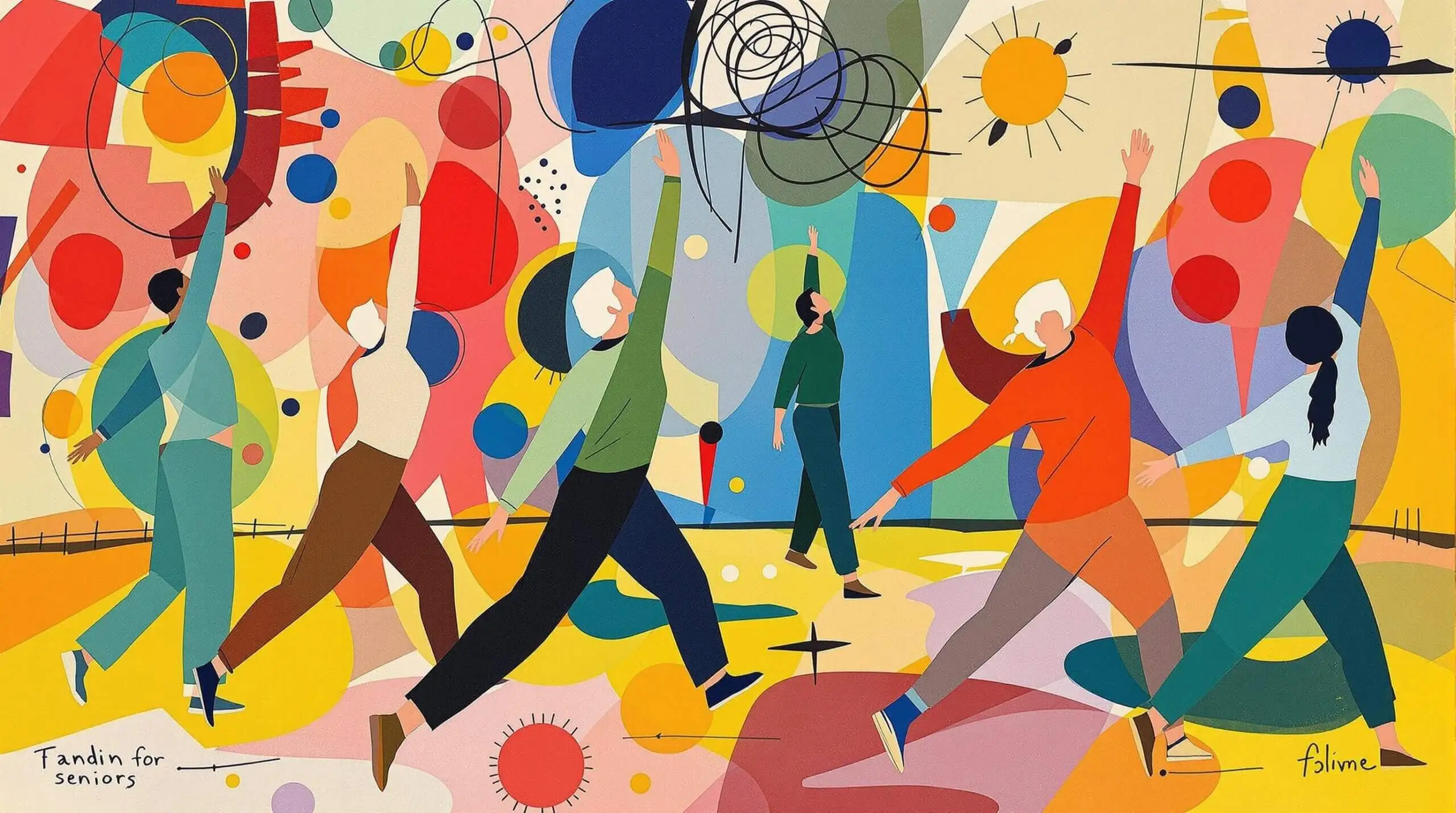 A vibrant depiction of seniors in an exercise class, surrounded by colorful abstract patterns.