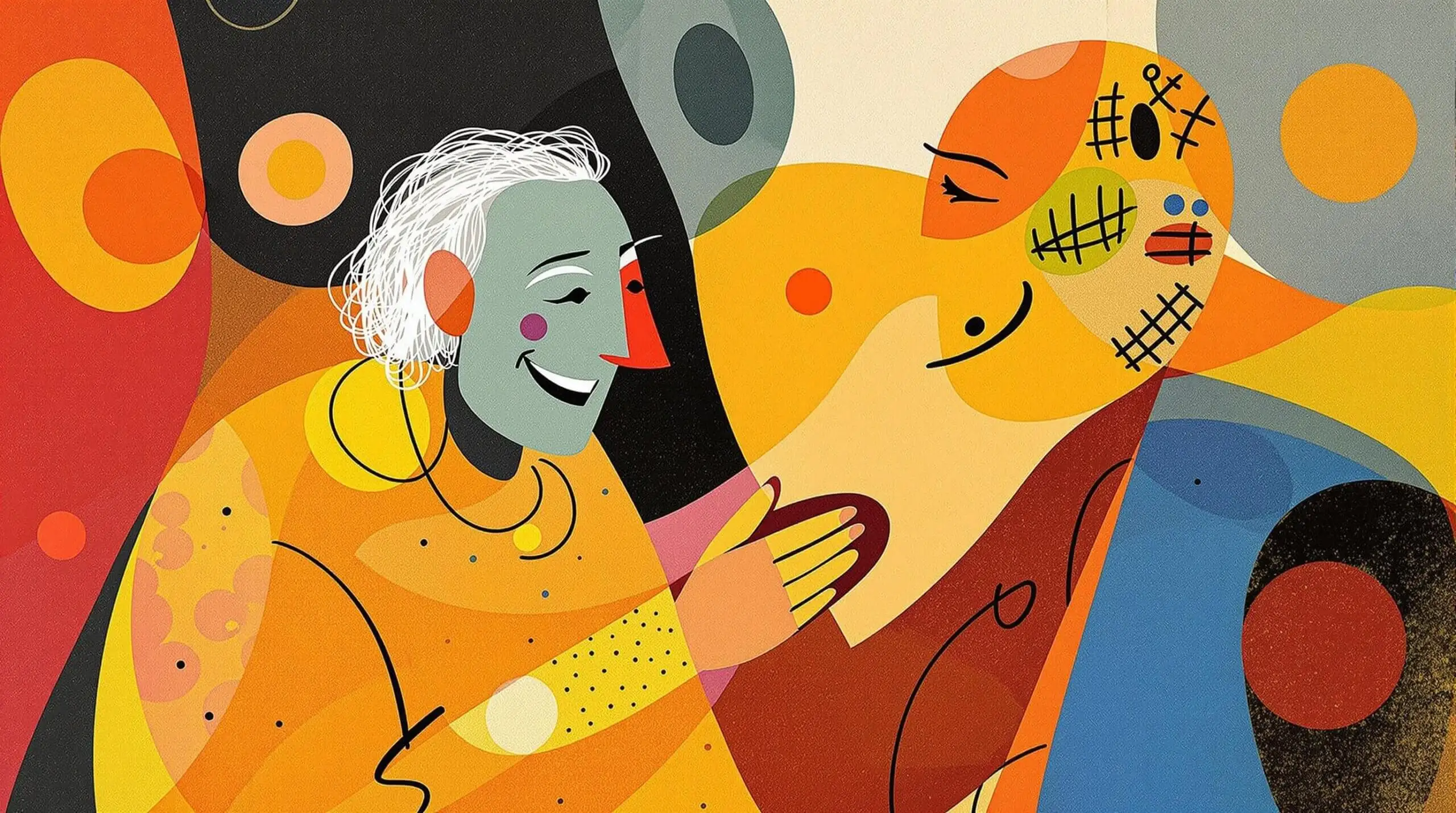 An elderly person smiling as their hand is held by a younger person, set against a background of abstract shapes.