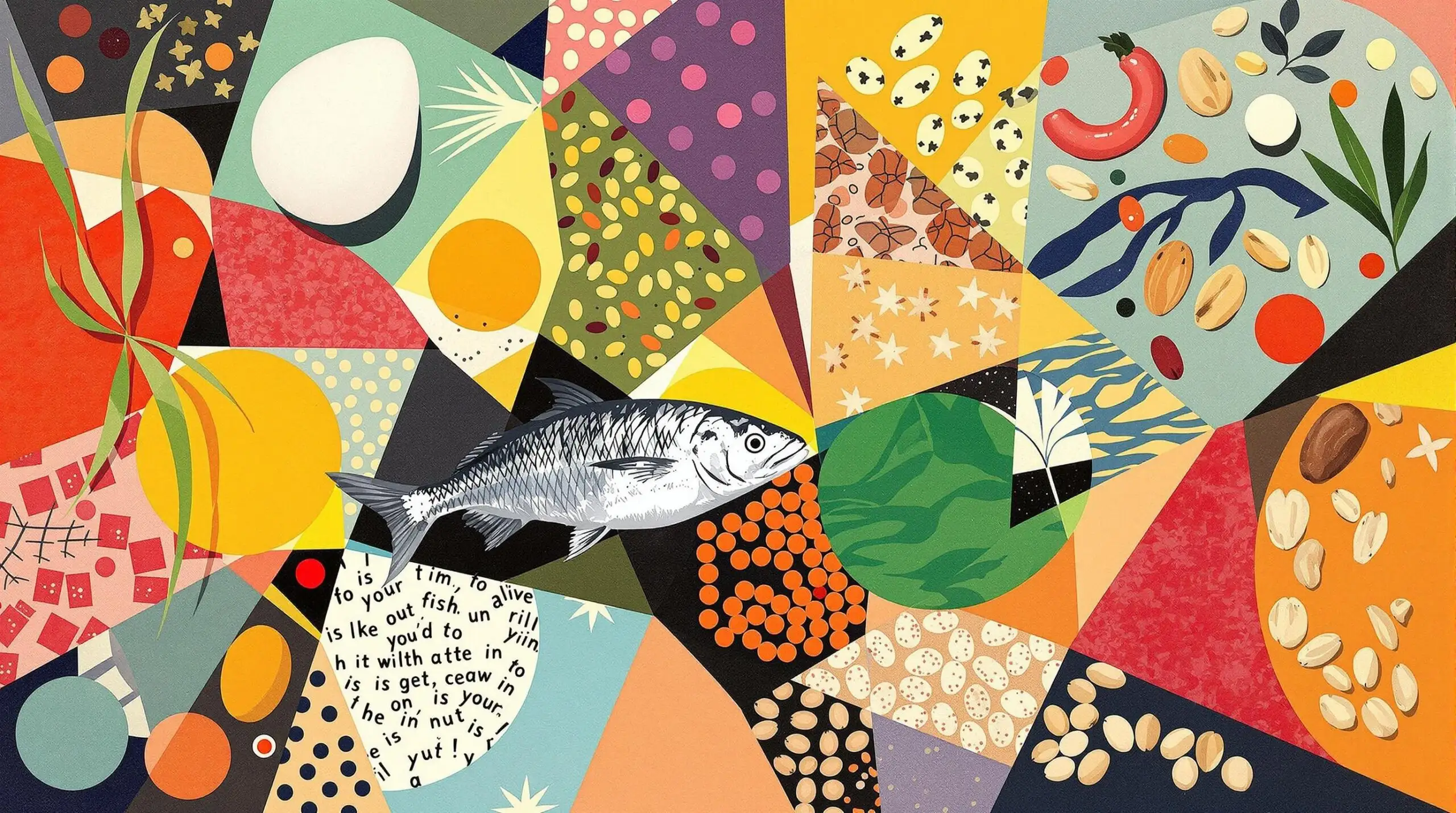 Collage of various protein-rich foods like eggs, fish, and legumes in an abstract pattern.
