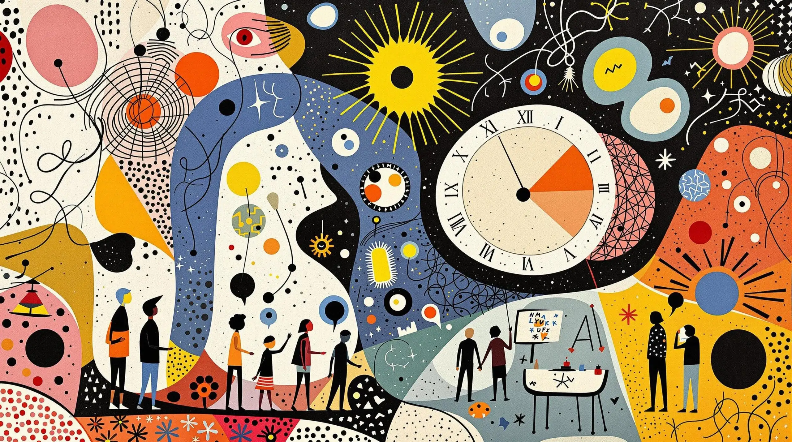 An abstract depiction of people at different life stages with a protein structure in the center.