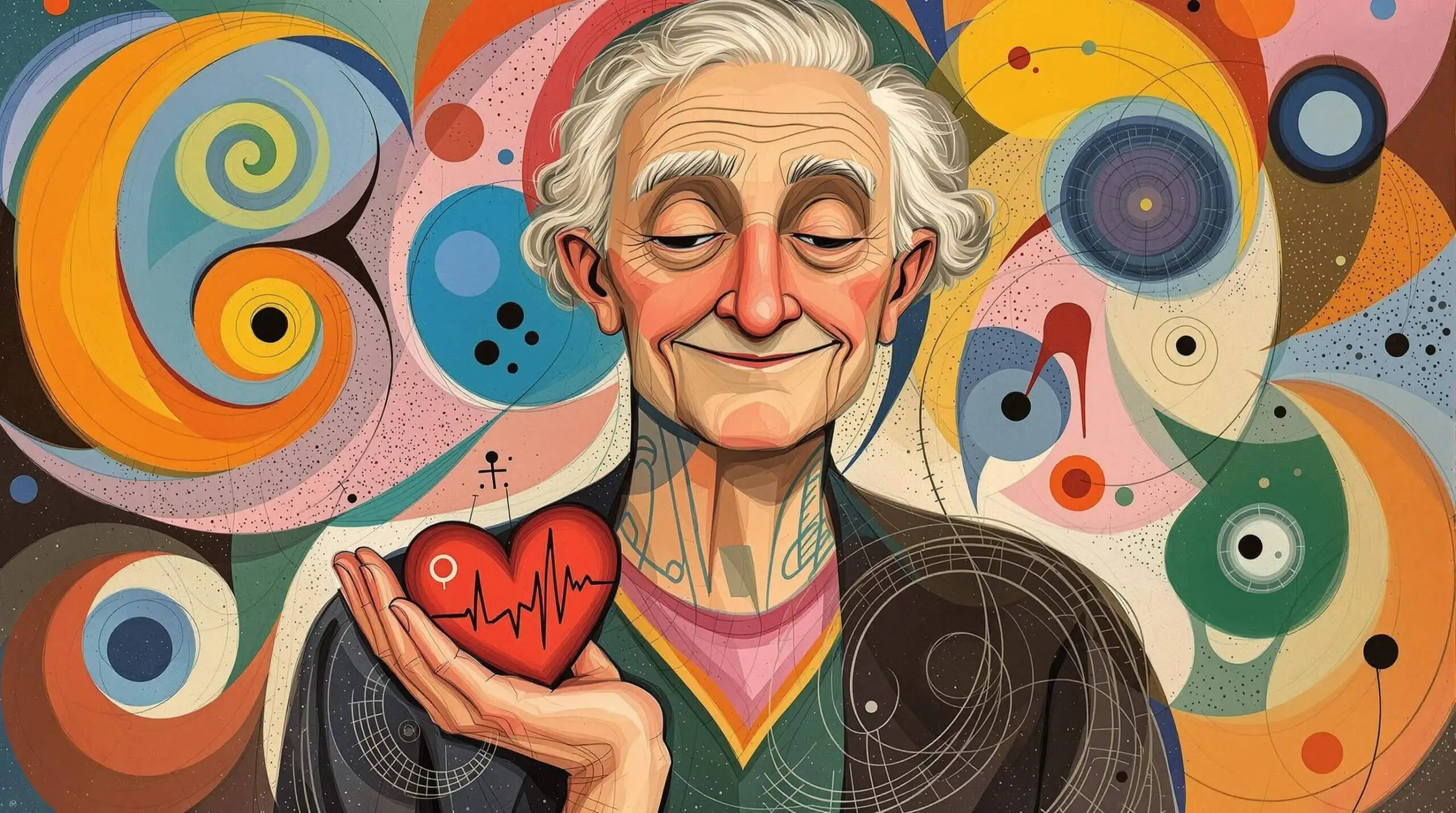 A vibrant illustration of an older adult holding a stylized heart, surrounded by abstract patterns symbolizing heart rate changes.