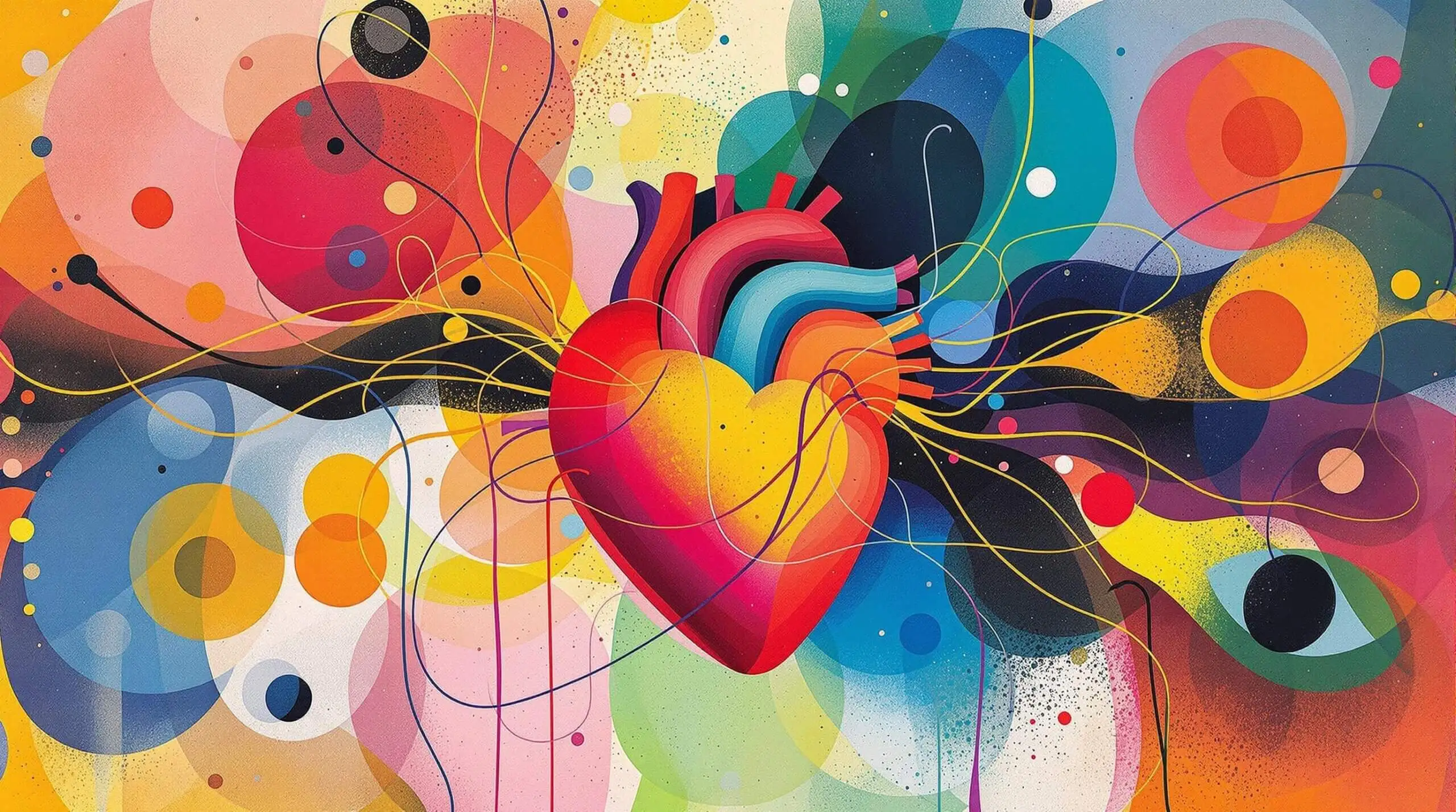 An abstract illustration of a heart surrounded by colorful lines and shapes, symbolizing heart rate variability and aging.