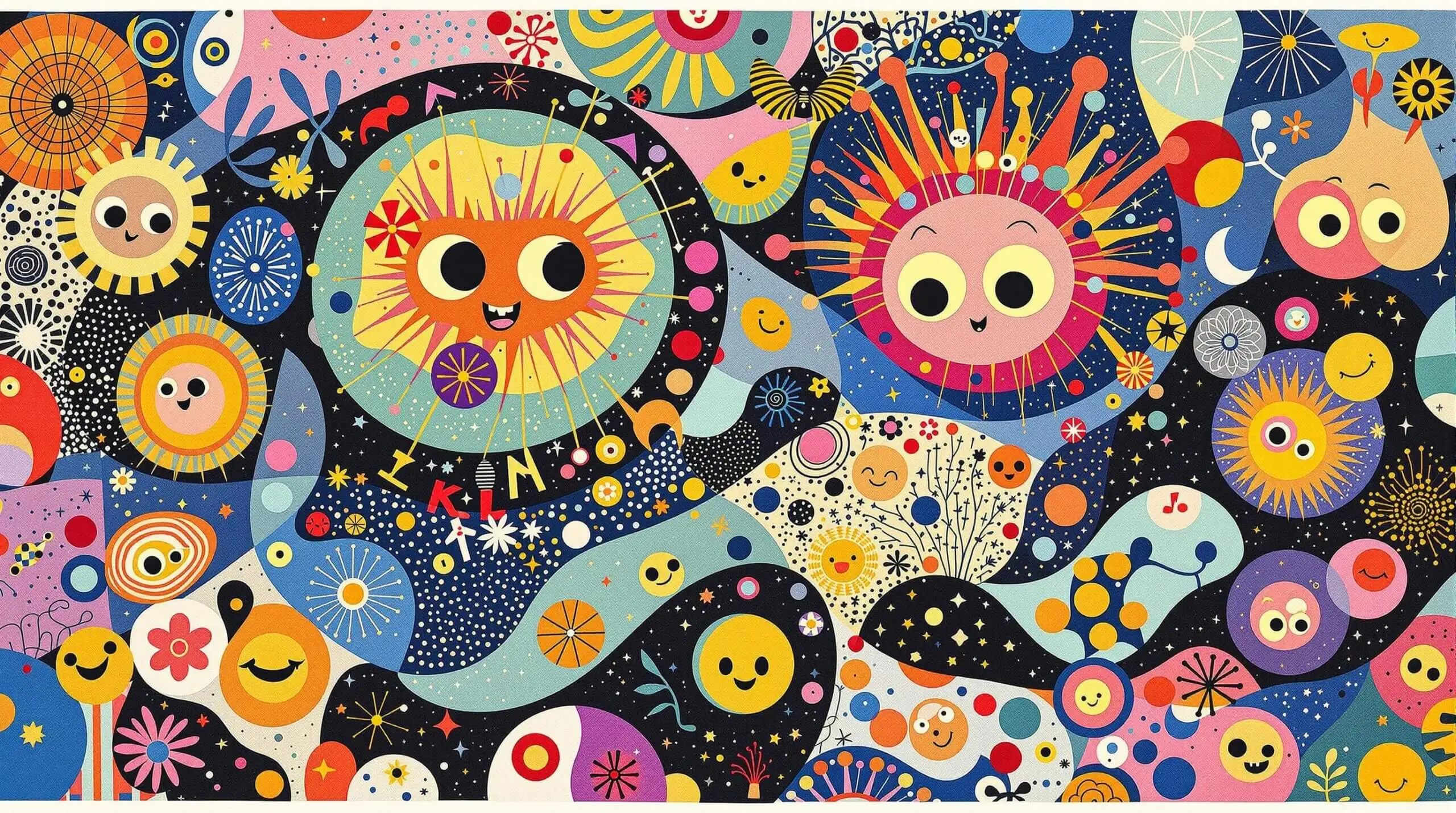 An abstract artwork of mitochondria with playful faces, illustrating their role in longevity.