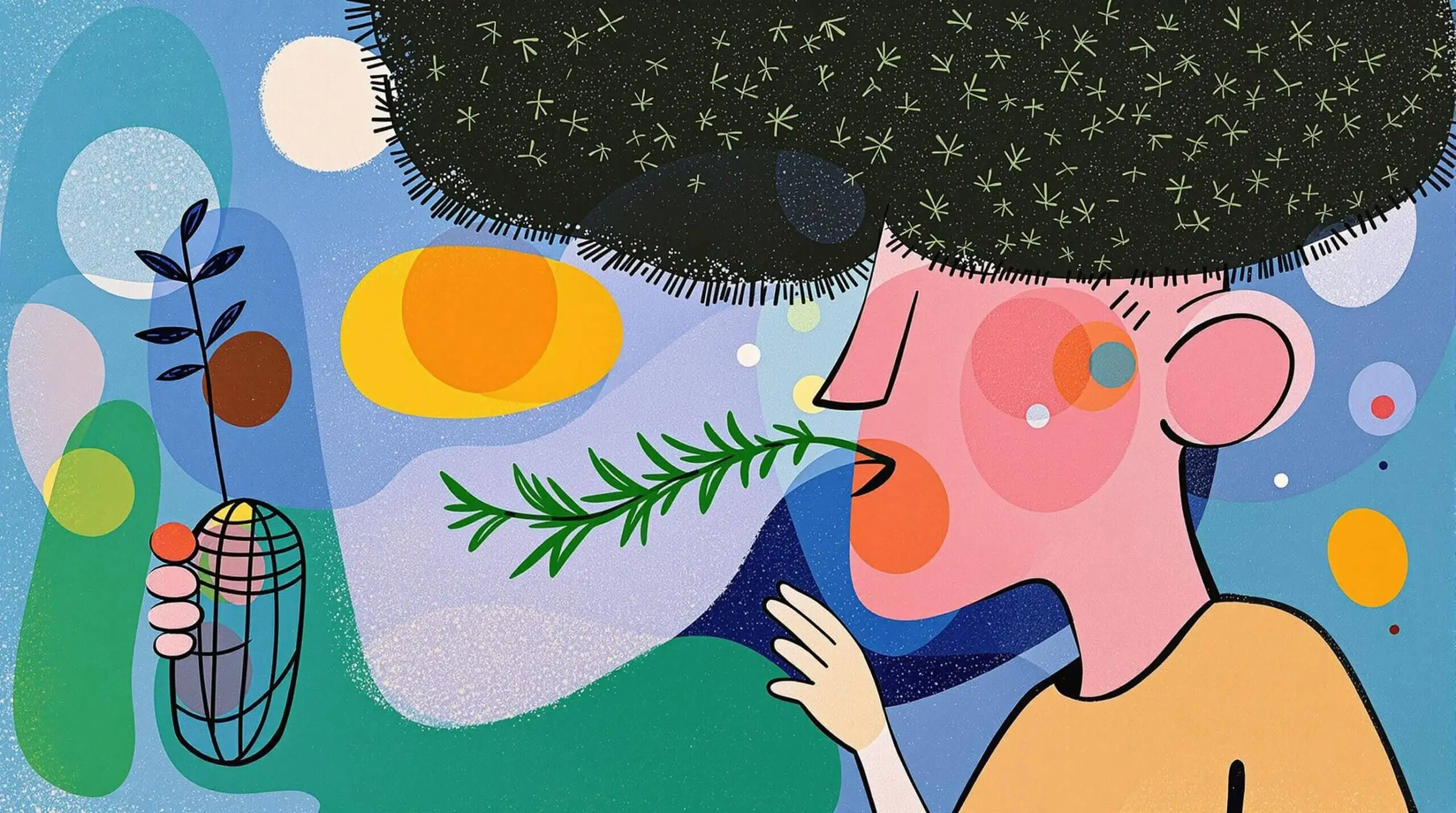 A playful illustration of a person inhaling rosemary with abstract background shapes.