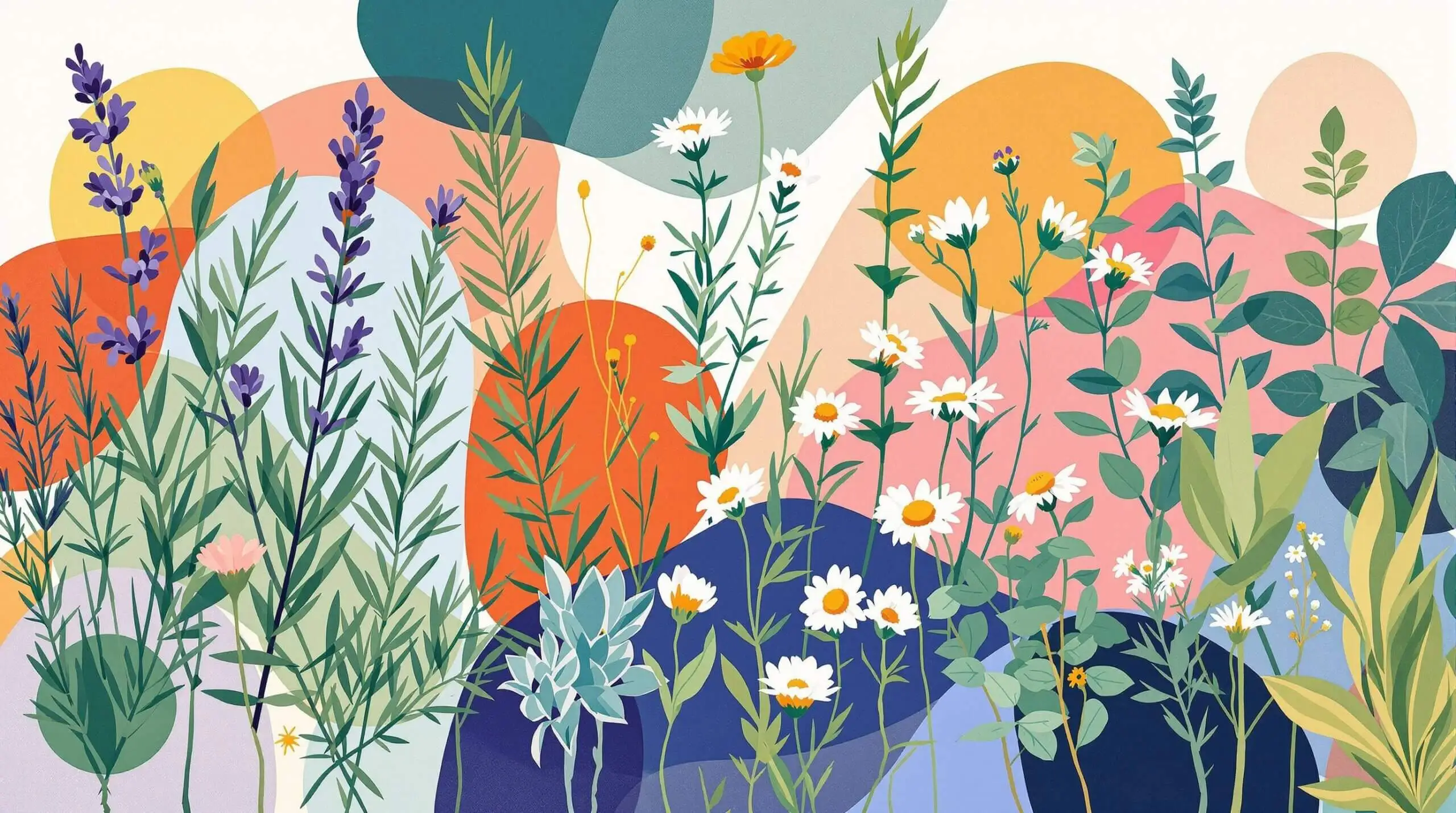A vibrant collage of lavender, rosemary, chamomile, and eucalyptus, set against an abstract patterned background.