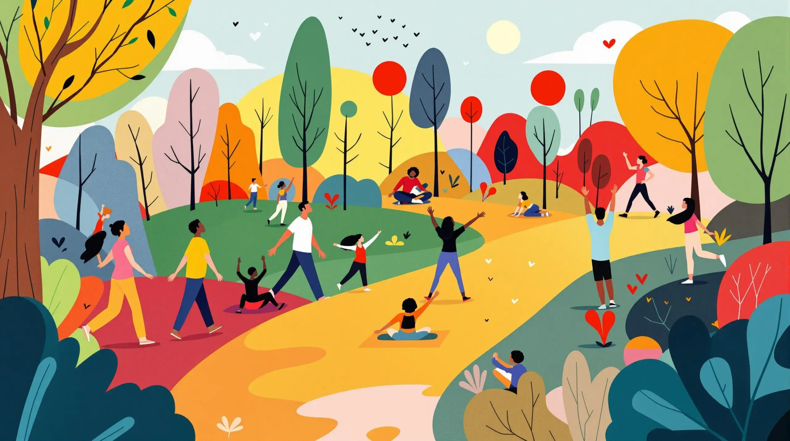 Abstract illustration of people exercising in a park, symbolizing active aging.