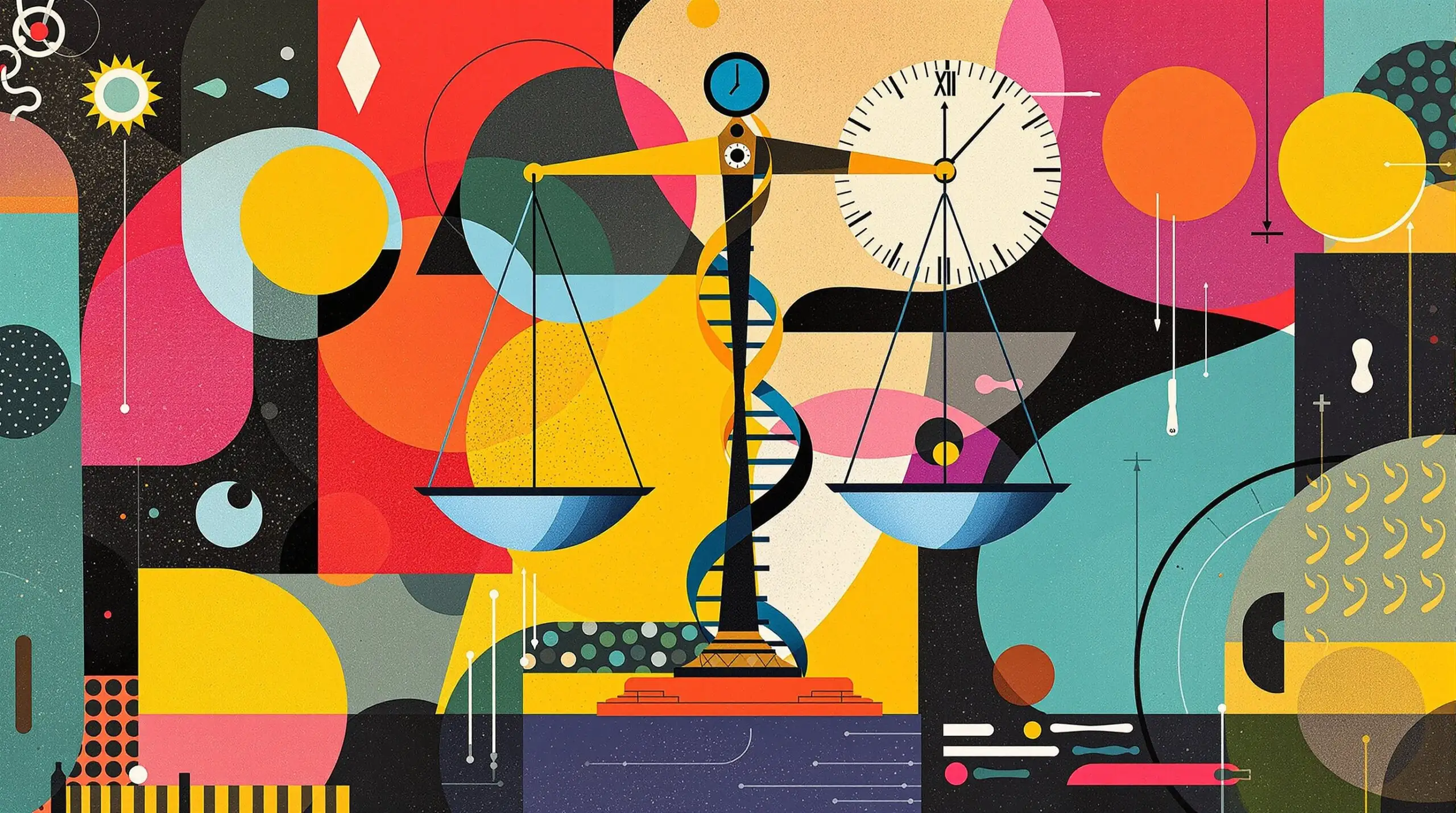 Abstract collage of a scale, DNA strand, and clock symbolizing weight management and aging.