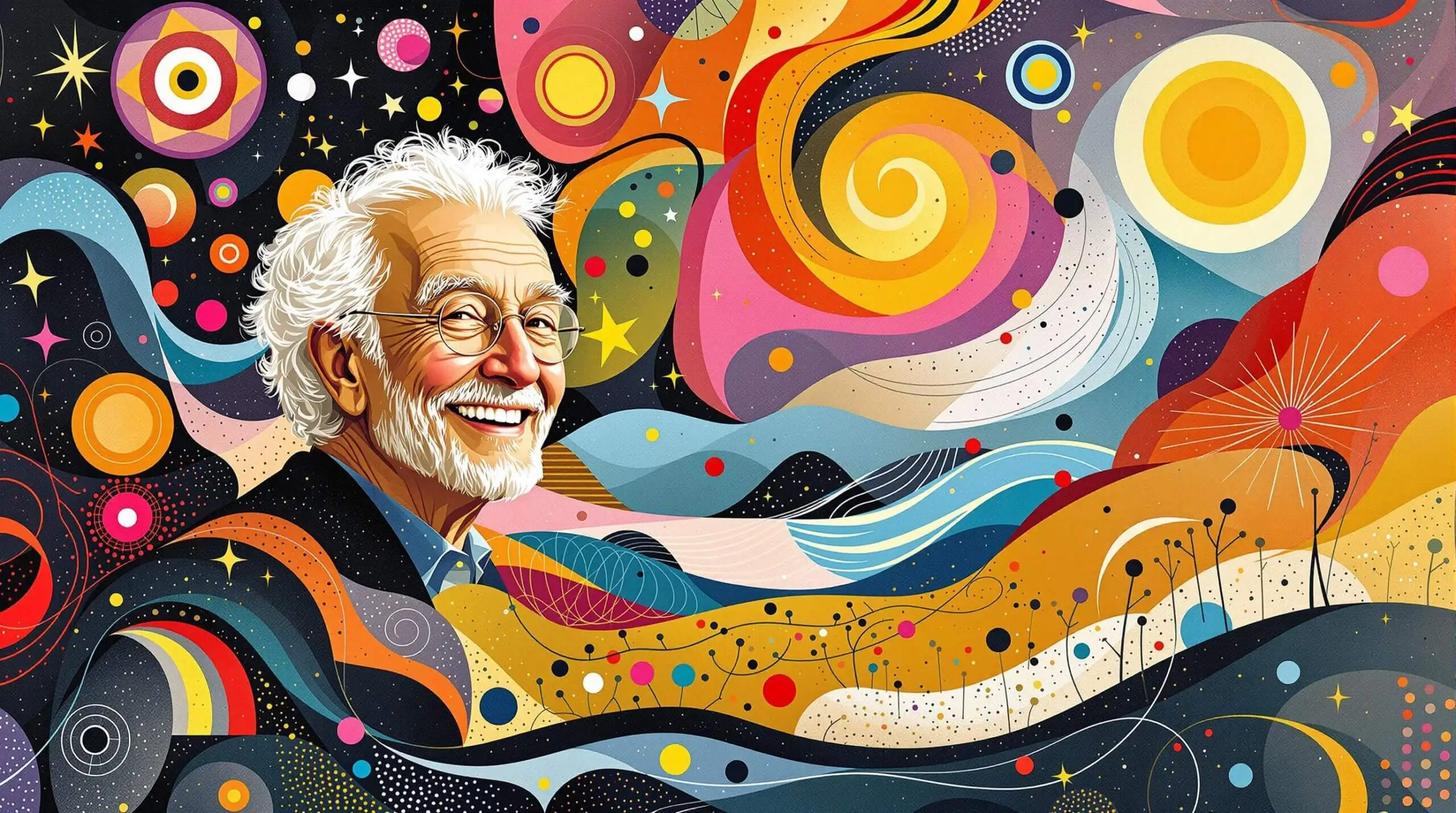 A joyful abstract scene with an elderly couple in vibrant colors