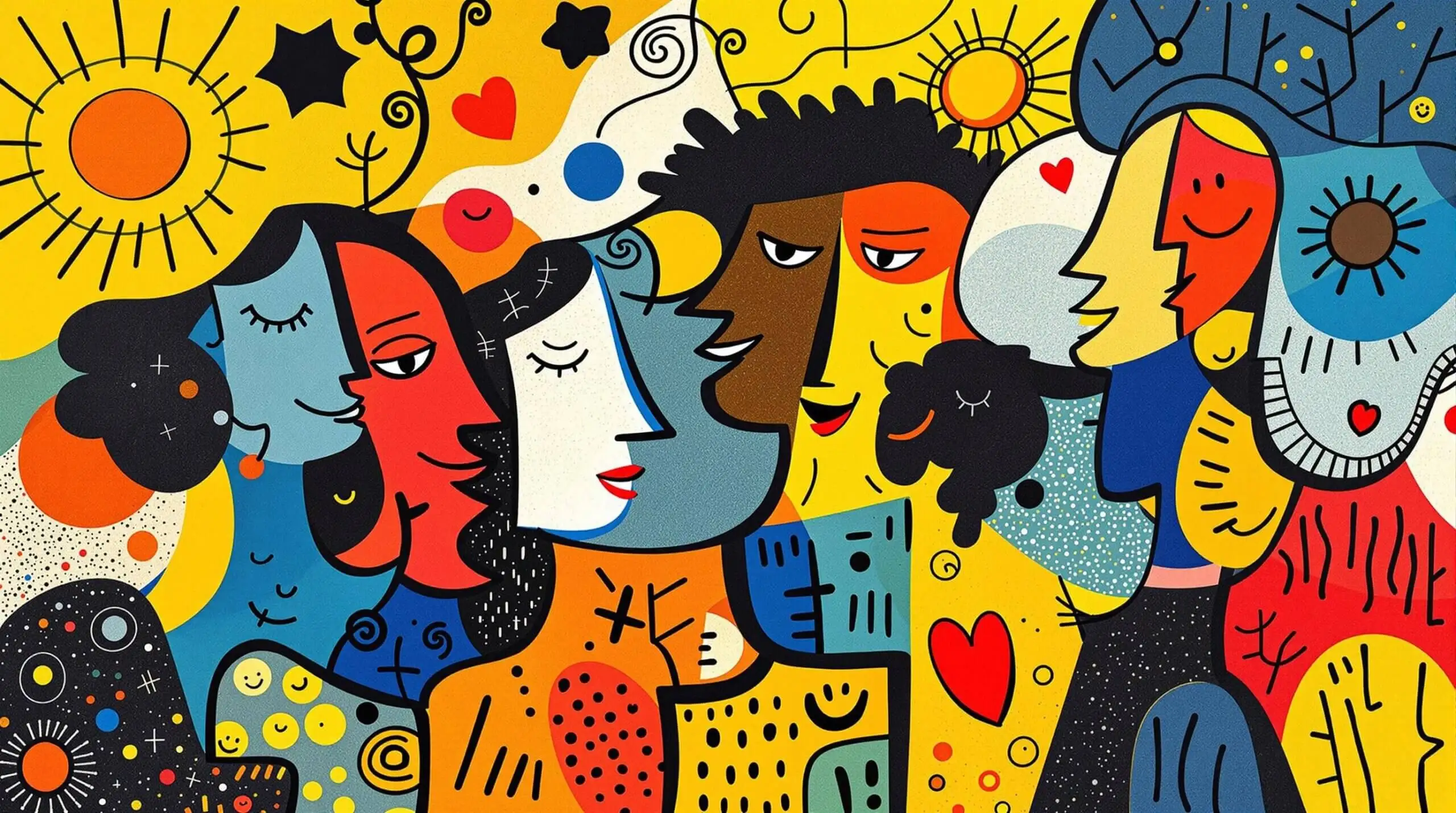 Abstract art of diverse people joyfully interacting amid vibrant colors