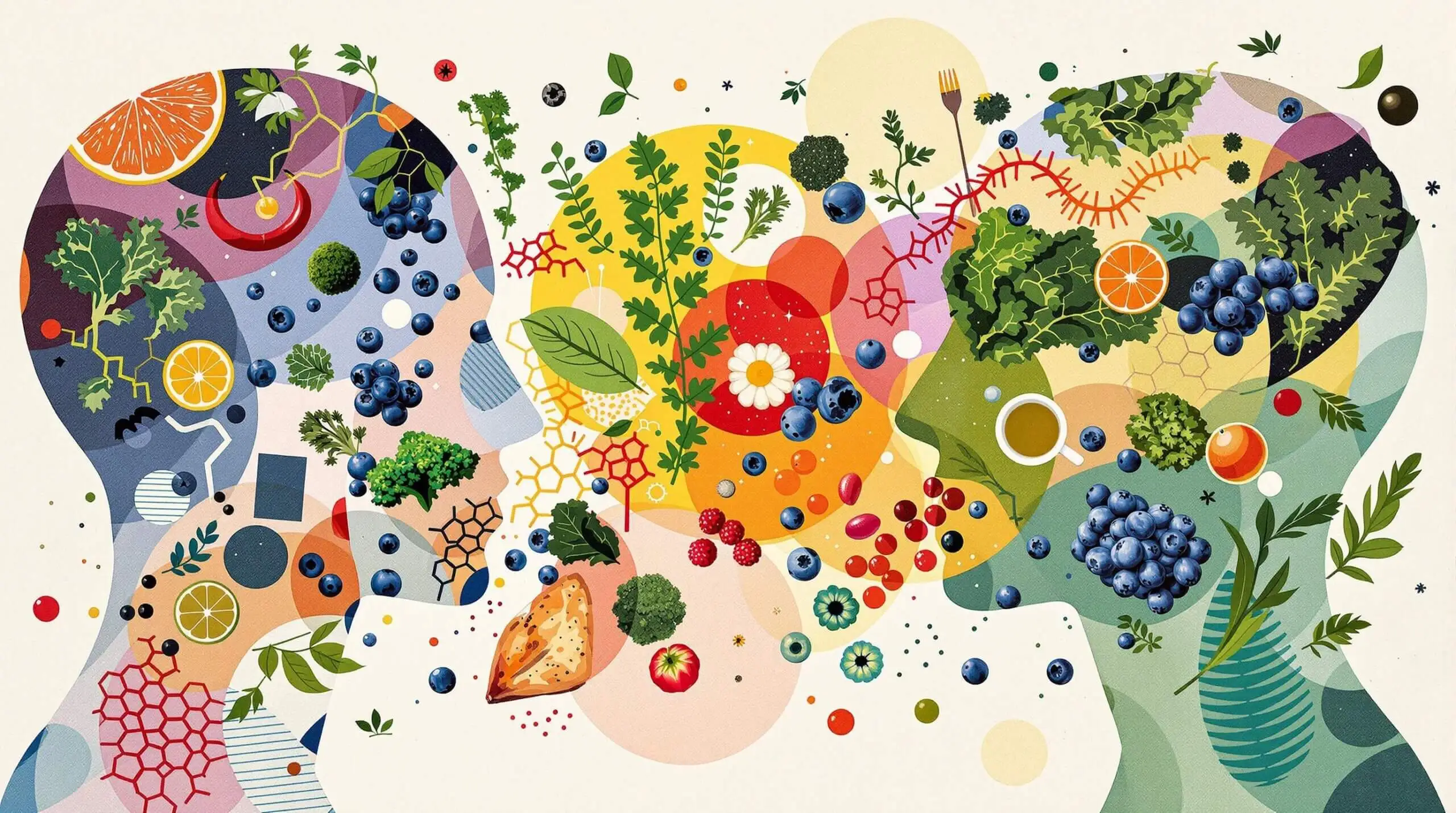 Collage illustrating human outlines with molecules and colorful foods symbolizing the Sirtuin Diet's effects.