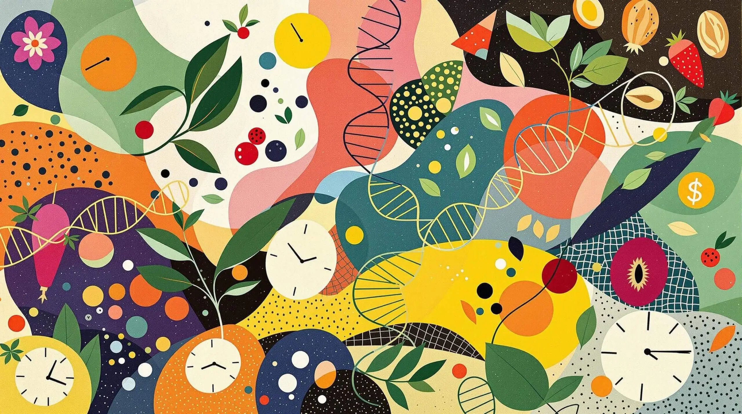 Abstract illustration of DNA strands intertwined with healthy foods and clock motifs symbolizing the Sirtuin Diet and longevity.