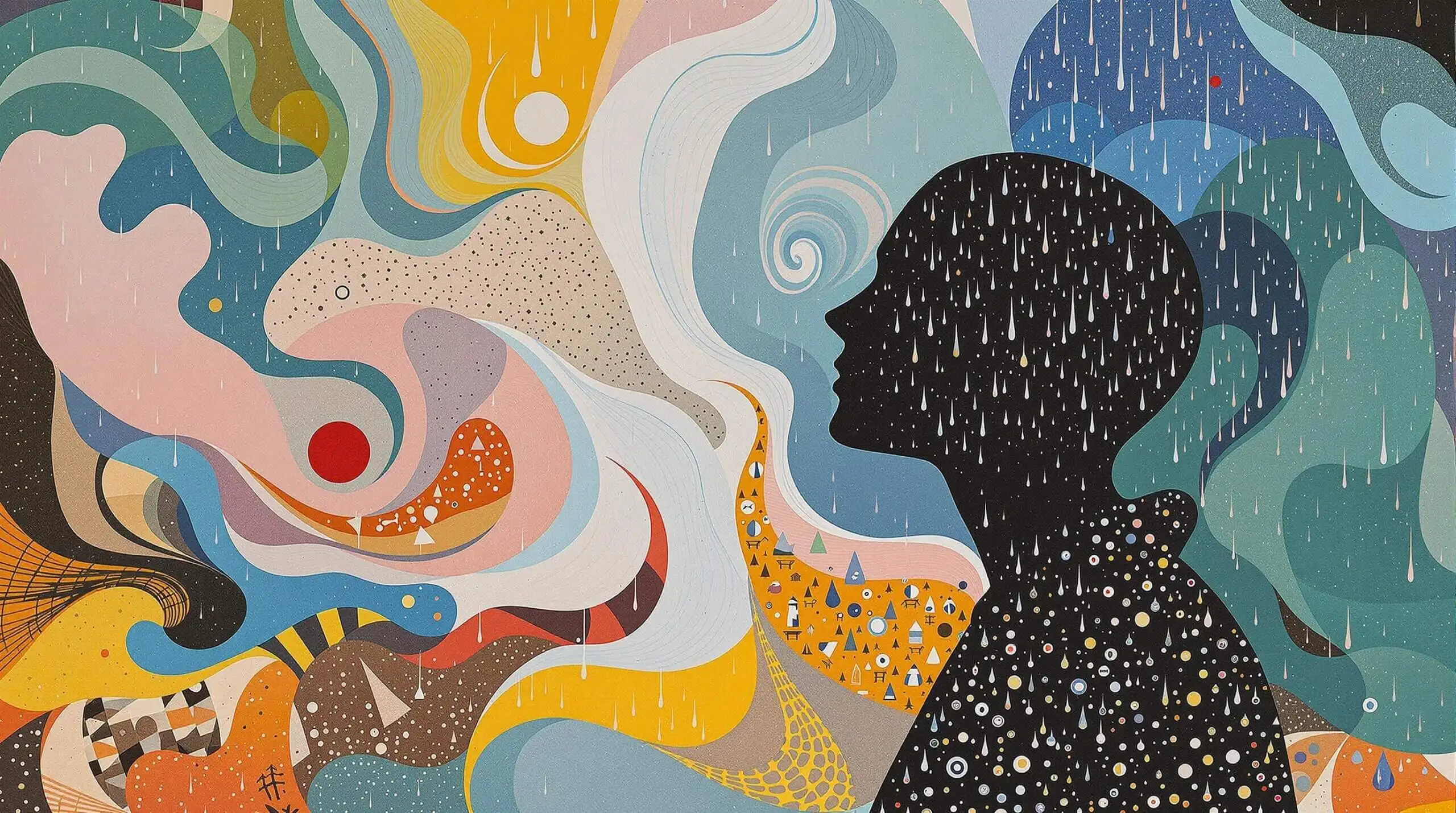 A colorful collage of a human figure and swirling olfactory molecules by Hannah Hoch.