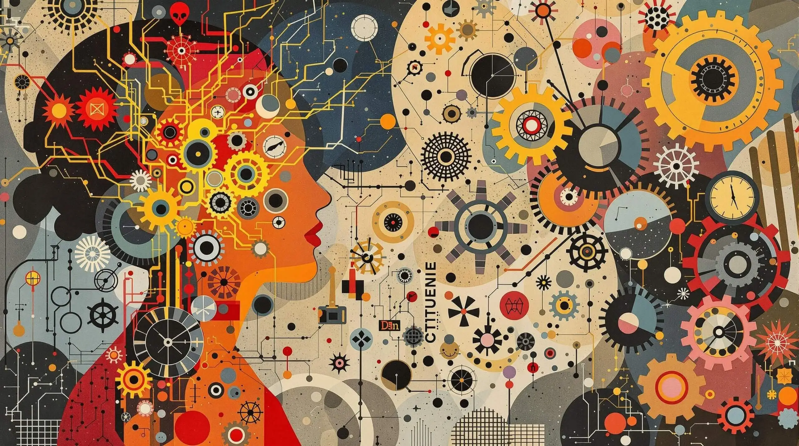 Collage of human silhouettes, electric surges, and abstract aging symbols in Höch's style.