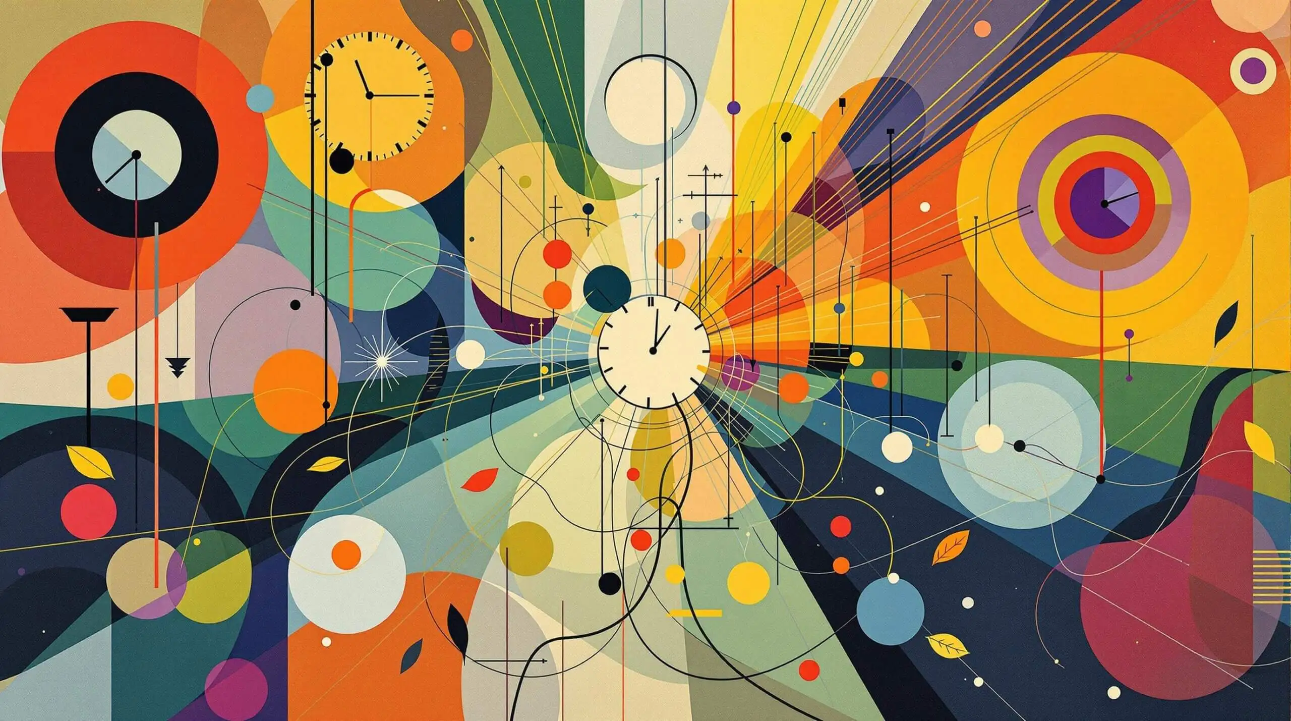 Abstract illustration of electrical impulses and symbols of aging in Kandinsky's style.