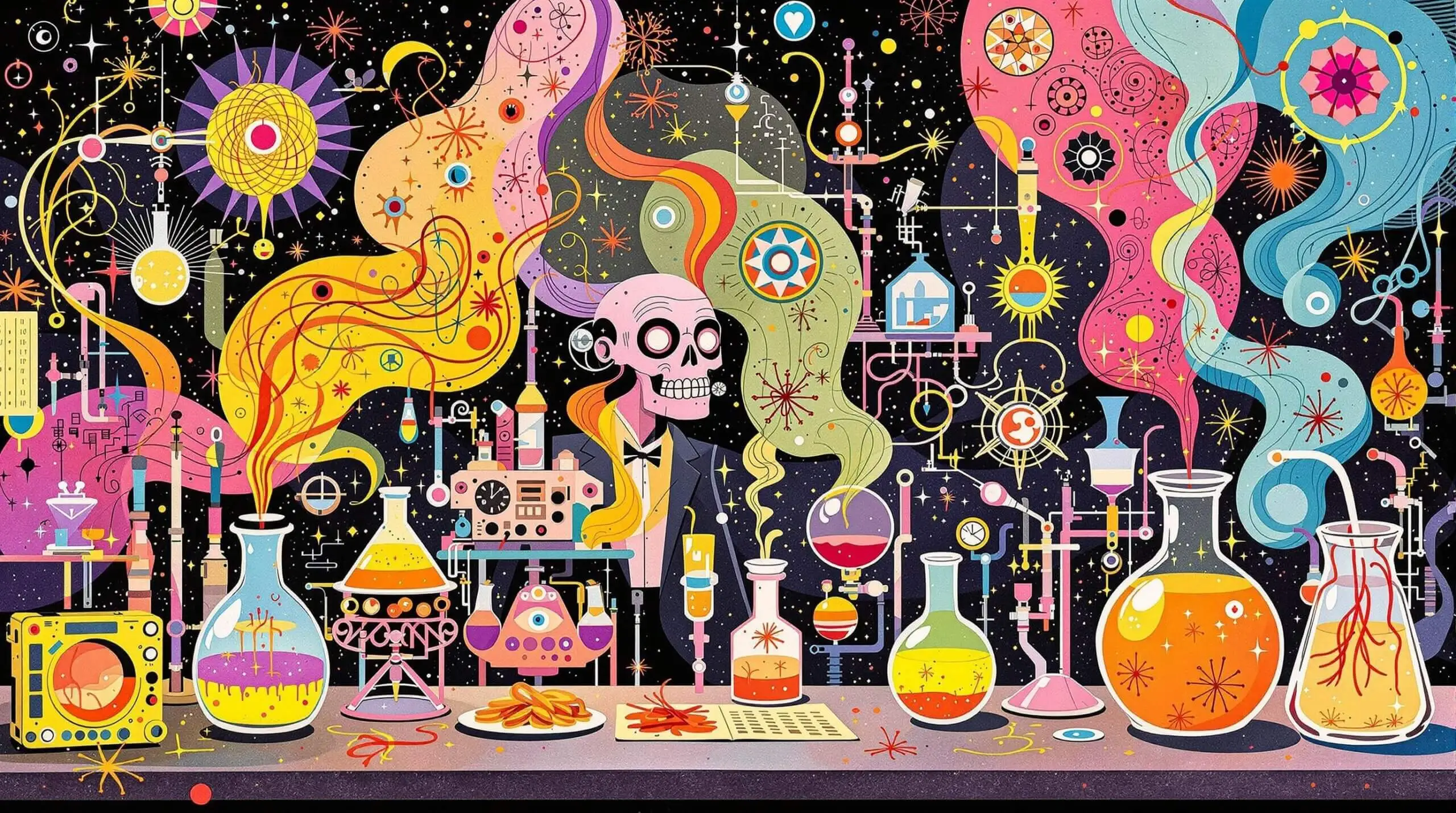 A collage of a saffron laboratory with modern and historical elements in a playful, abstract style