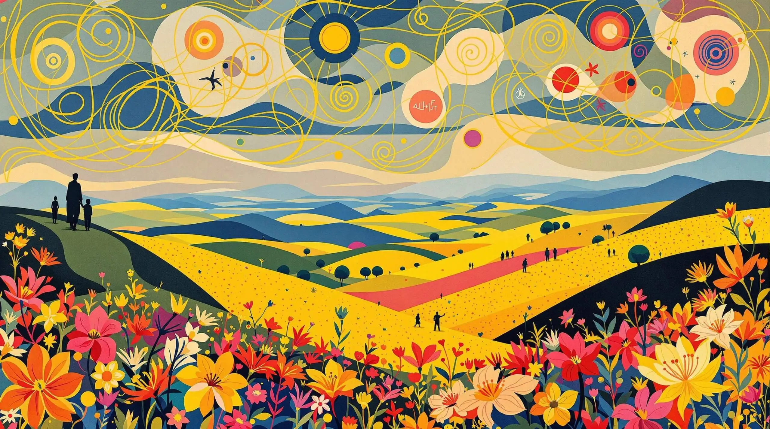 Saffron fields with caravans on the ancient spice route, depicted in a vibrant abstract style