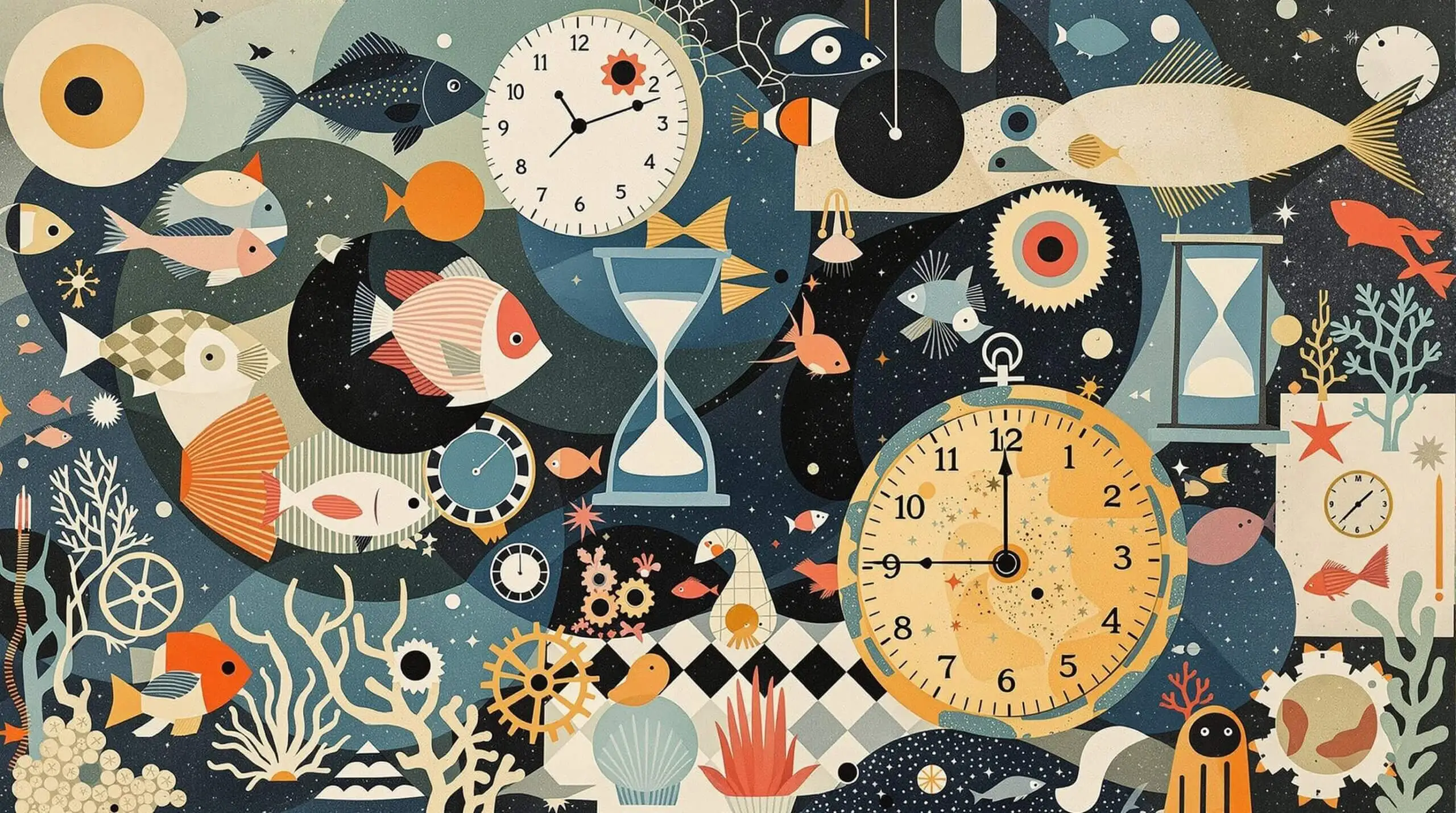 An abstract marine life collage illustrating the interaction with time.