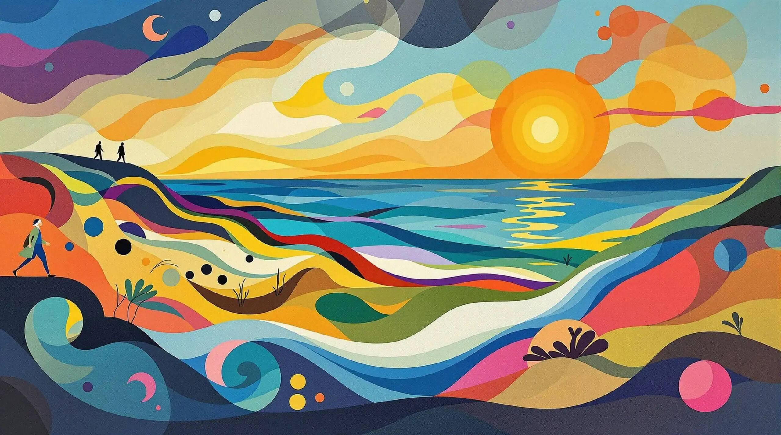 An abstract coastal landscape illustrating the passage of time with time-themed elements.