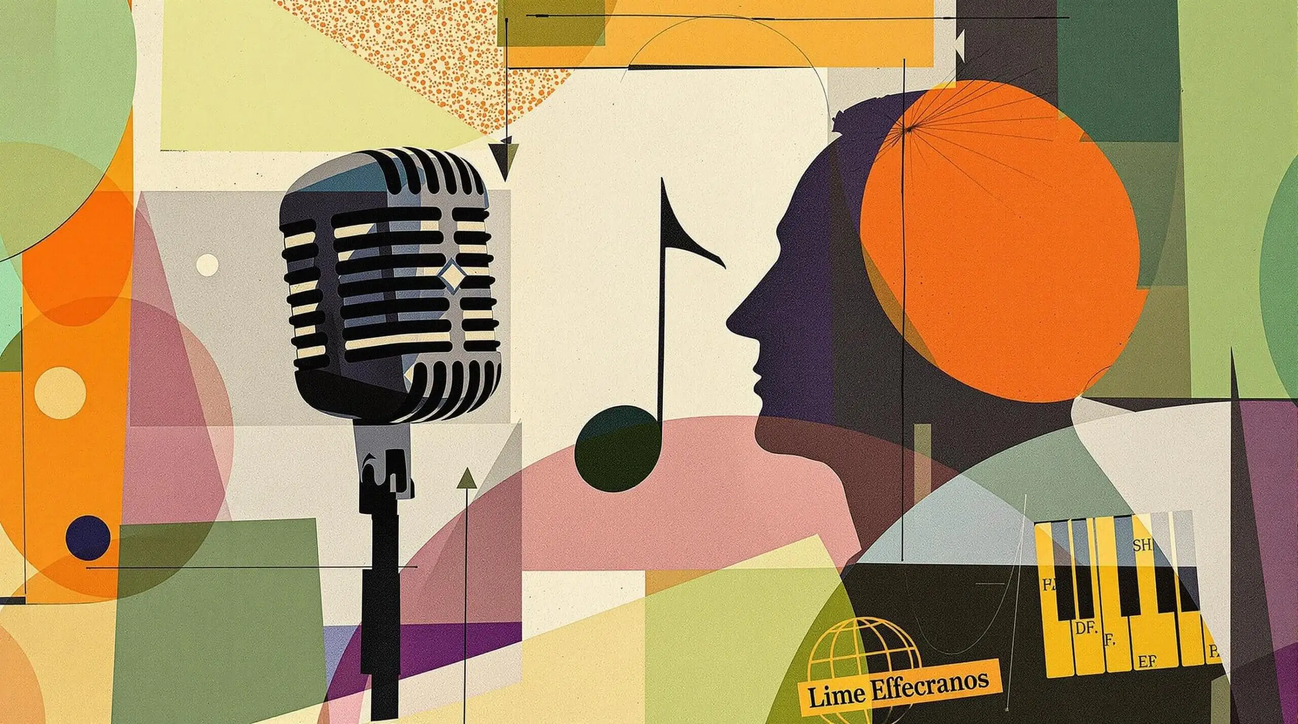 Collage with a microphone, note, and elderly silhouette, vibrant textures and colors.